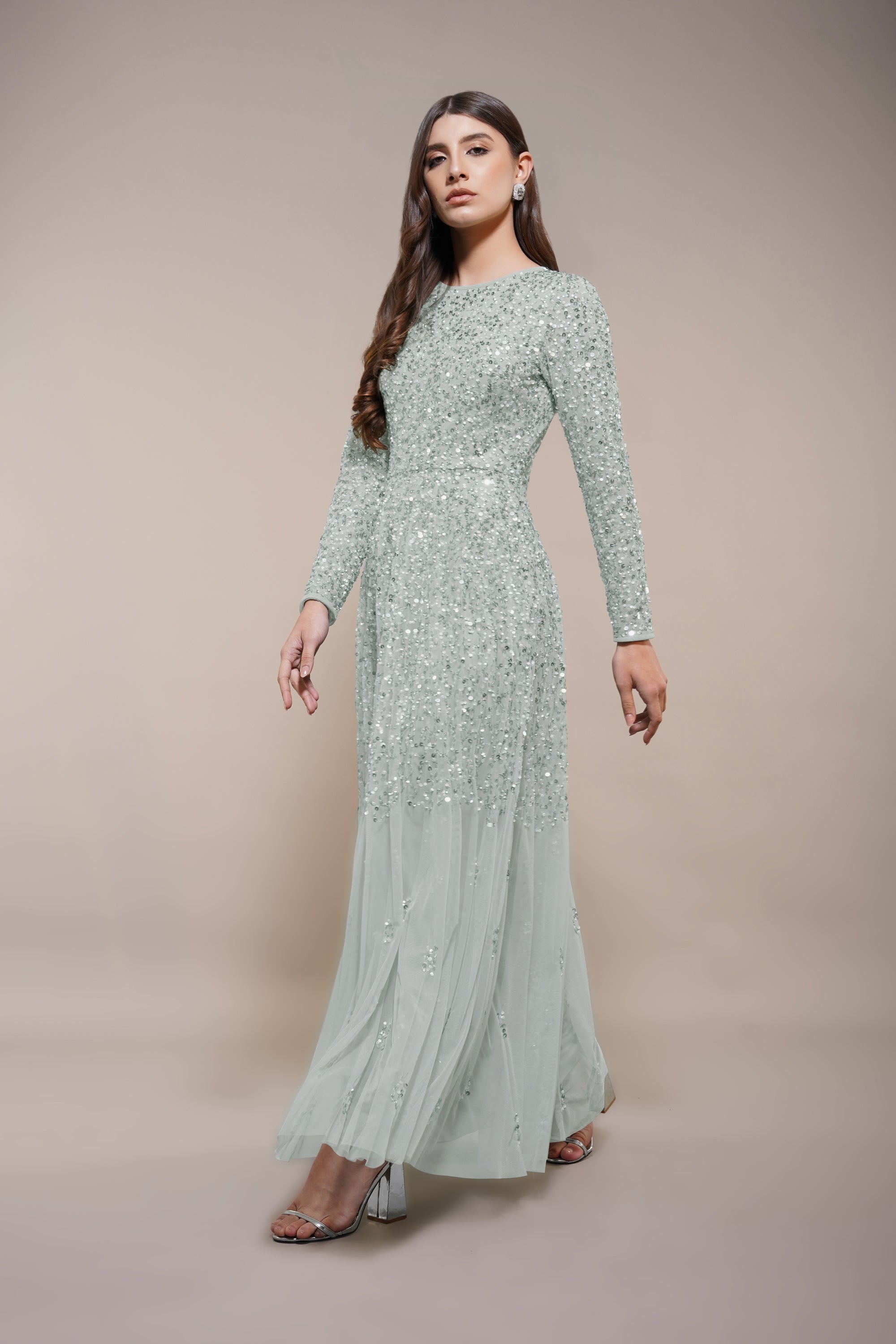 Elegant Sage Green Long Sleeve Embellished Maxi Dress for Women | Boho Chic Evening Gown with Floral Details | Perfect for Weddings, Parties & Special Occasions
