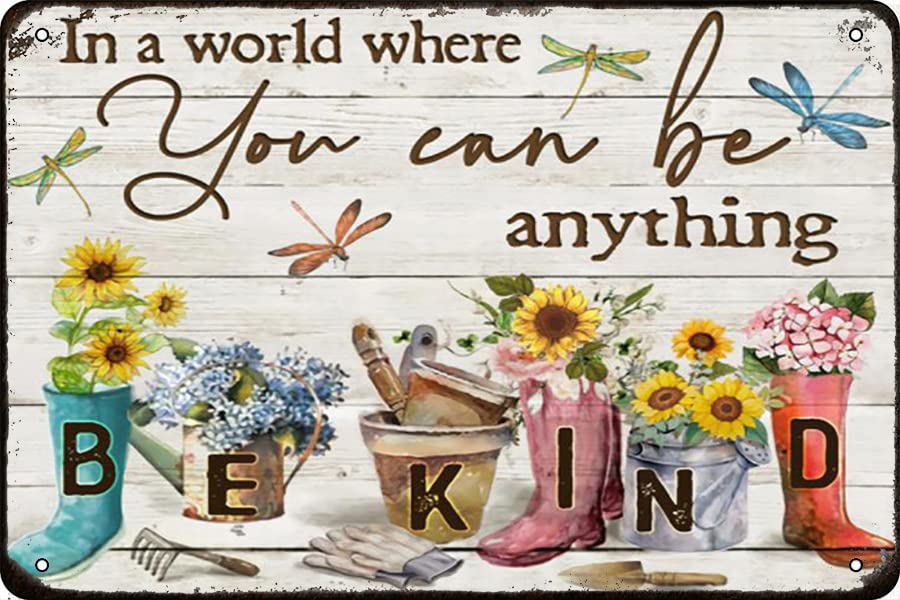 Vintage Retro Metal Tin Sign - Garden Butterfly 'Be Kind' Wall Art for Home, Bar & Cafe Decor (8x12 Inch) - Perfect for Farmhouse, Kitchen & Office Decoration