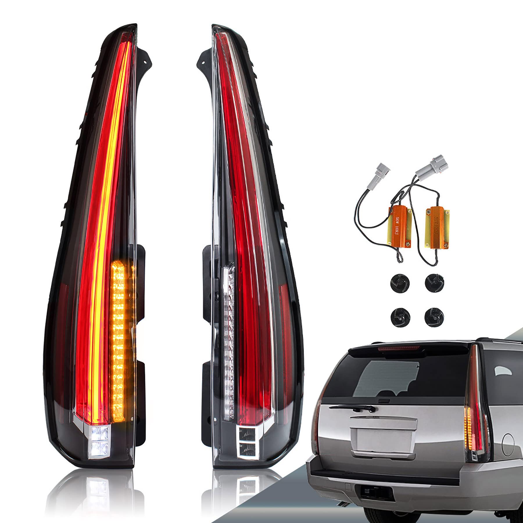 VLAND Full LED Tail Lights Compatible with Chevy Tahoe Suburban GMC Yukon 2007-2014 - Red Clear Rear Lamp Assembly with Yellow Turn Signal & 5-Pin Connector | Upgrade for Enhanced Visibility & Style
