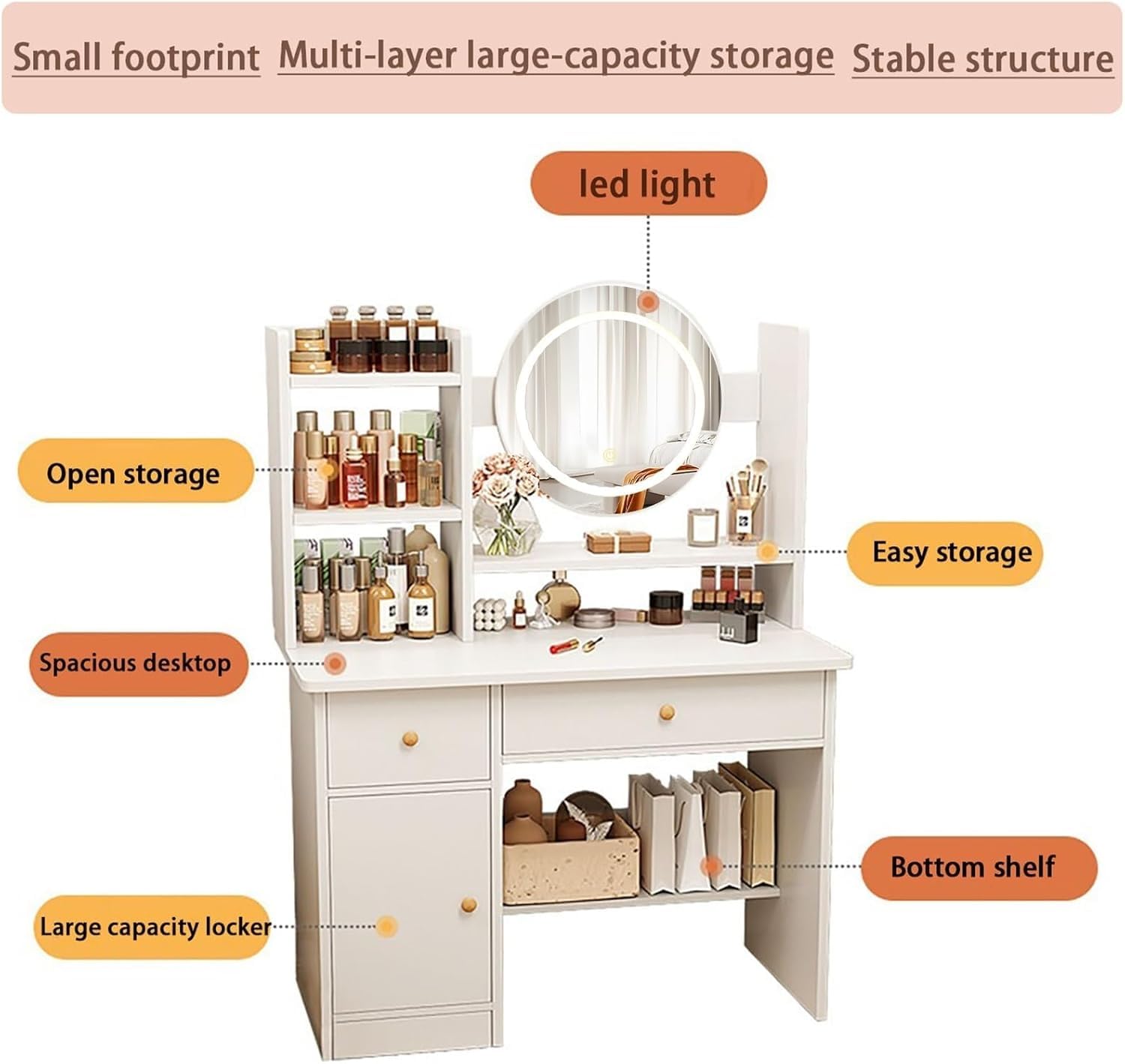 LED Vanity Desk with Mirror & Drawers - 3 Lighting Modes, Makeup & Writing Desk for Bedroom (White)