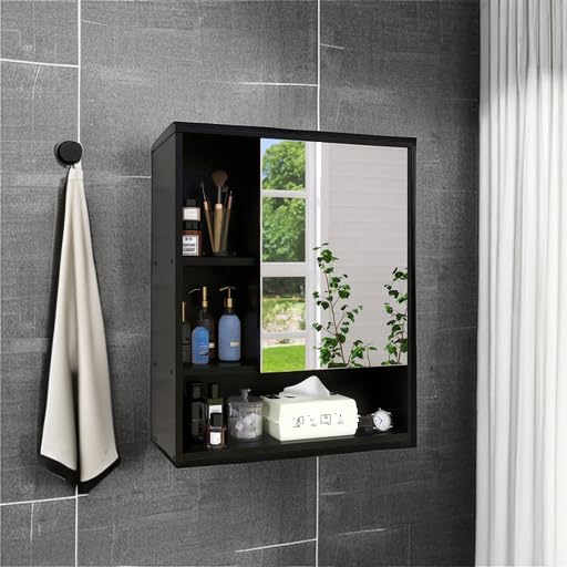 SMIBY Wall Mounted Bathroom Mirror Cabinet - Bamboo Medicine Cabinet with Adjustable Shelf, Space Saving Over Toilet Storage for Bathroom Organization (Black) - Perfect for Small Bathrooms, Apartments & Vanity Areas