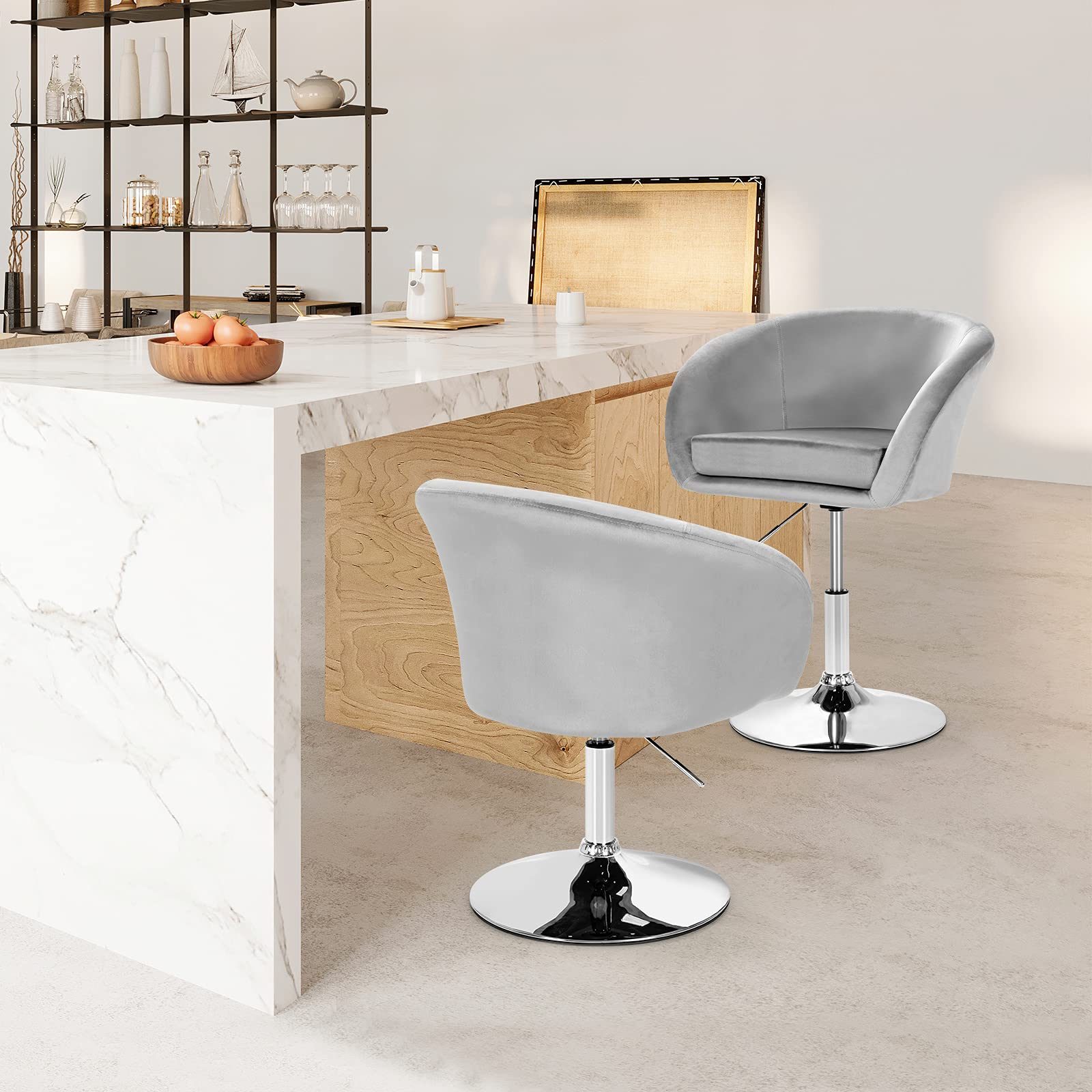 COSTWAY Adjustable Height Velvet Makeup Vanity Chair with Chrome Frame - Modern Round-Back Swivel Accent Chair for Bedroom, Living Room & Dressing Area - Soft Grey Upholstered Leisure Stool (Perfect for Makeup, Reading & Relaxing)
