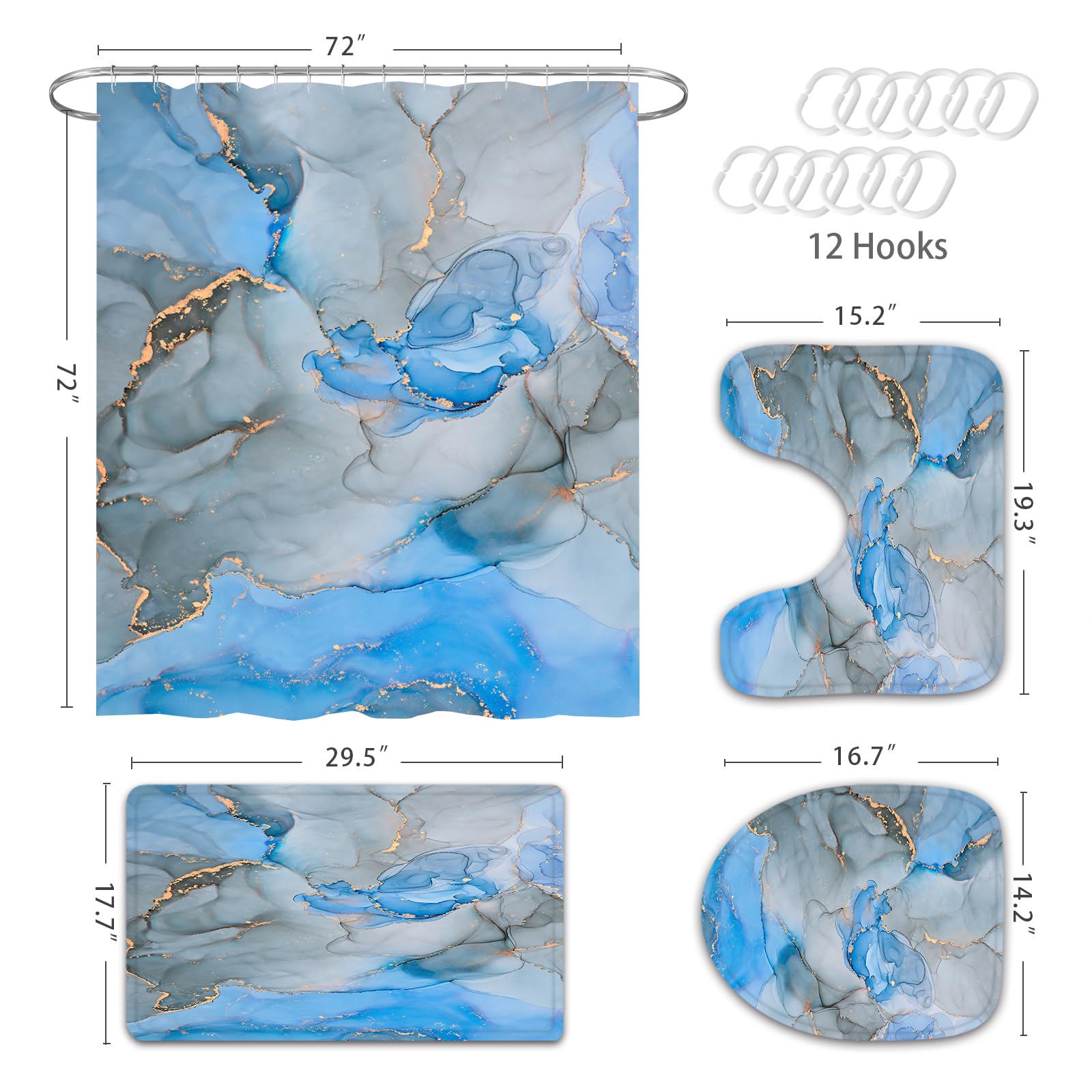 Gibelle 4-Piece Bathroom Shower Curtain Set - Non-Slip Rugs, Toilet Lid Cover & Bath Mat - Blue Grey Marble Bathroom Decor for Modern Homes - Perfect for Guest Bathrooms, Master Suites & Spa-Like Retreats