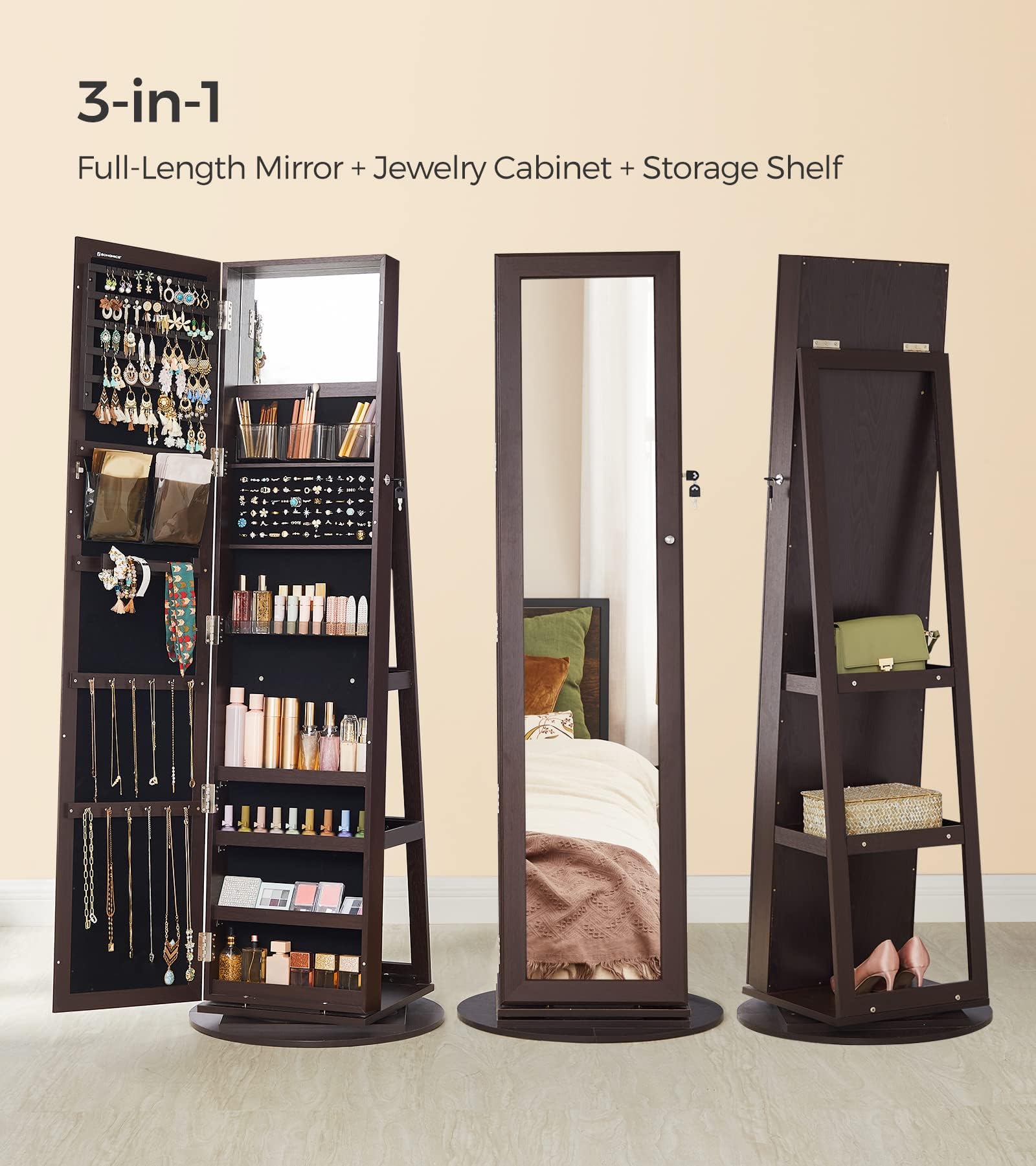 SONGMICS 360° Swivel Jewelry Cabinet with Lock - Full-Length Mirror Jewelry Organizer with Storage Shelves & Interior Mirror - Jewelry Armoire for Bedroom, Closet or Dressing Room - Brown UJJC006R01