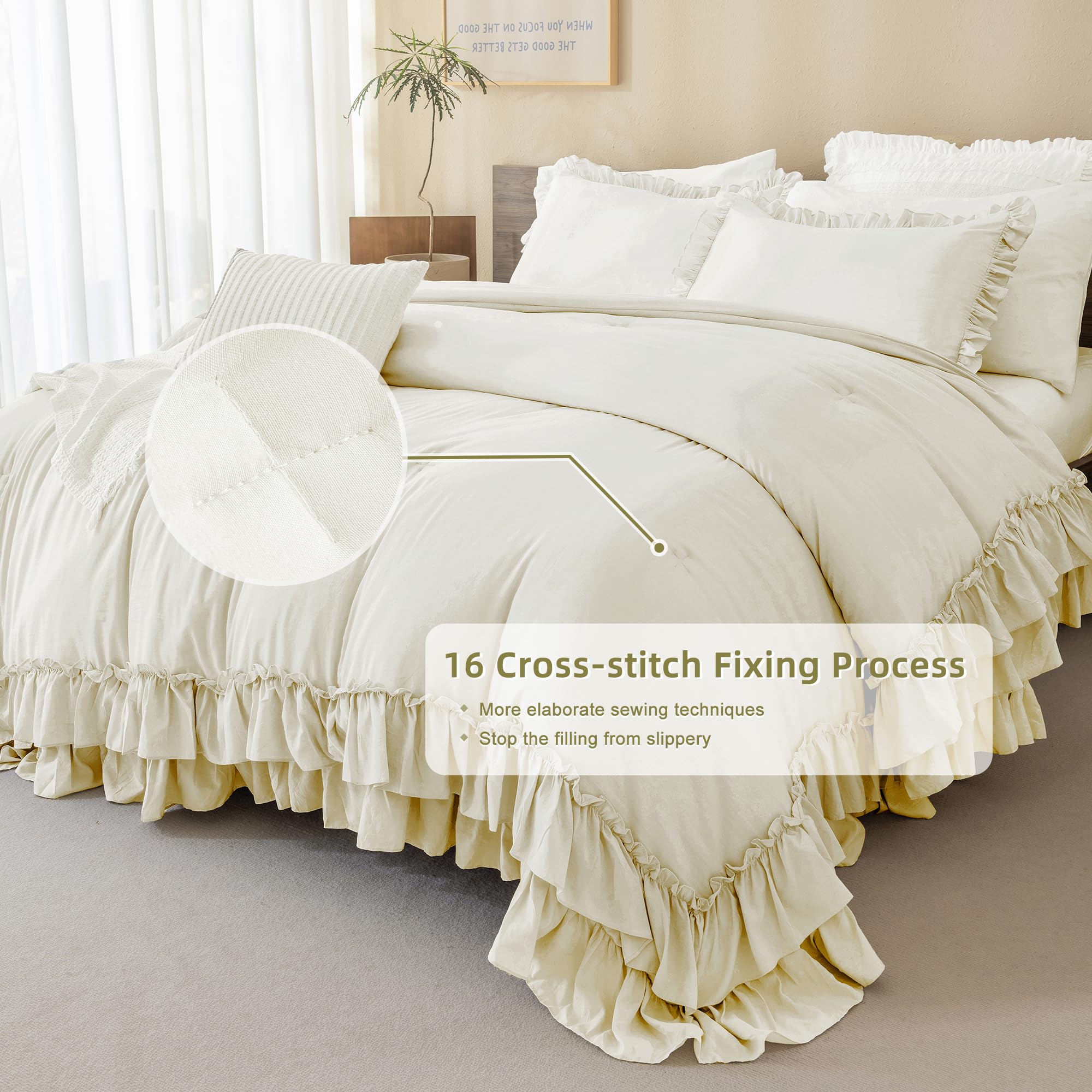 QSH King Size Ruffle Comforter Set - 3 Piece Ivory Shabby Chic Farmhouse Bedding | Ultra Soft Microfiber Lightweight Boho Duvet Cover | Perfect for French Country Bedrooms, Guest Rooms & Cozy Boho Decor