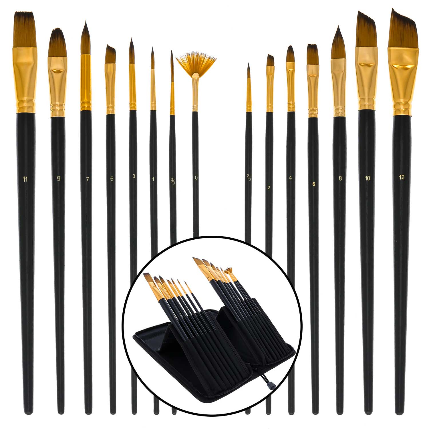 15 Piece Artist Long Handle Paint Brush Set - Professional Acrylic Oil Watercolor Brushes in Zippered Nylon Travel Case - Perfect for Studio, Outdoor Sketching & Art Classes