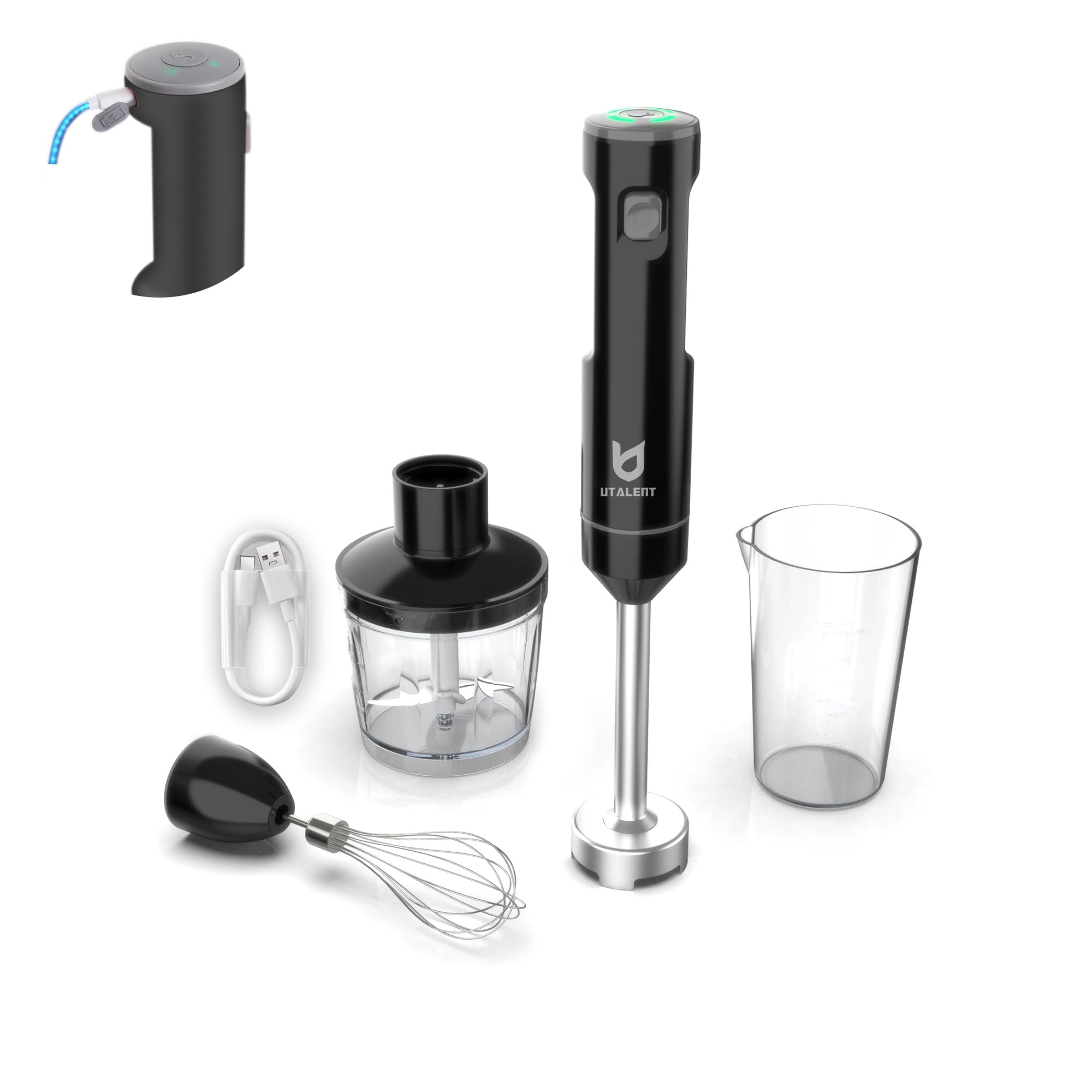 UTALENT Rechargeable Cordless Hand Blender - Variable Speed Immersion Blender with 500ml Chopper, 600ml Container & Egg Whisk | Perfect for Smoothies, Baby Food, Soups & Kitchen Prep | Black