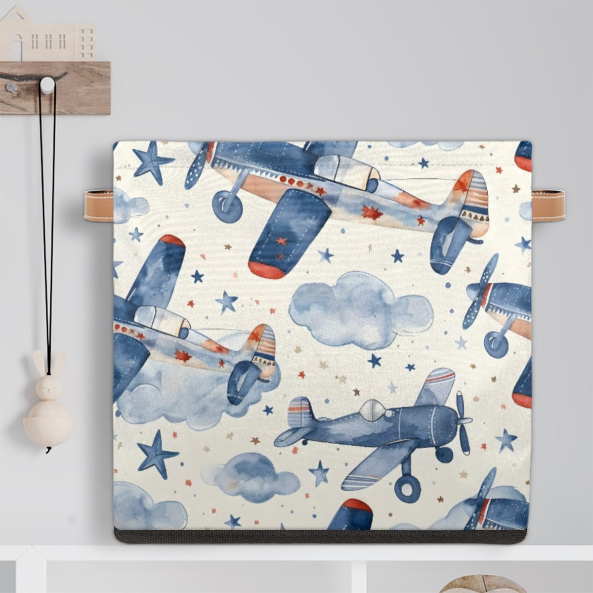 13 Inch Collapsible Airplane-Themed Fabric Storage Cube Bin - Foldable Organizer Basket for Shelves, Closet & Home Organization | Perfect for Kids' Room, Nursery & Toy Storage