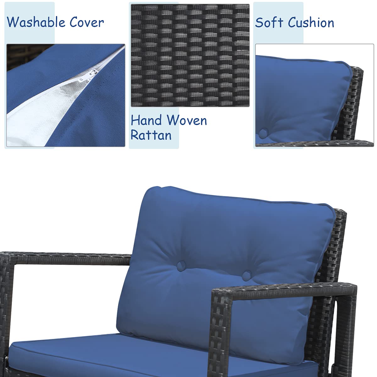 Tangkula 3-Piece Patio Wicker Rocking Bistro Set - Outdoor Rocking Chairs with Cushioned Seats, Glass Coffee Table & Storage Shelf - Navy Blue Conversation Set for Garden, Porch, Deck or Backyard Relaxation