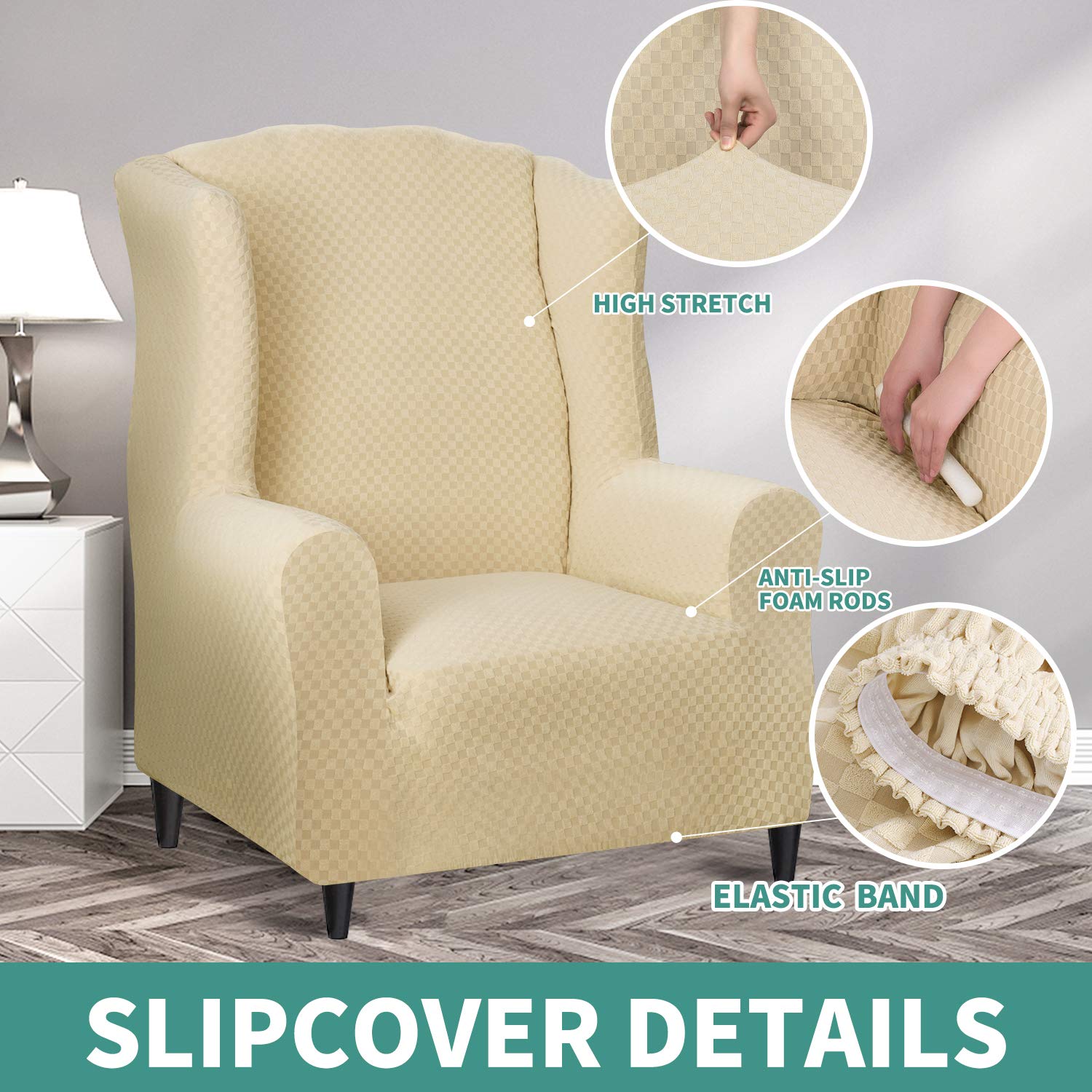YEMYHOM Stretch Wingback Chair Slipcover - Jacquard Design Wing Chair Cover with Non-Slip Foam Rods, Furniture Protector for Living Room, Bedroom, Office - Beige (Fits Most Wingback Chairs) | Easy to Install & Wash, Perfect for Home Decor & Pet Protection
