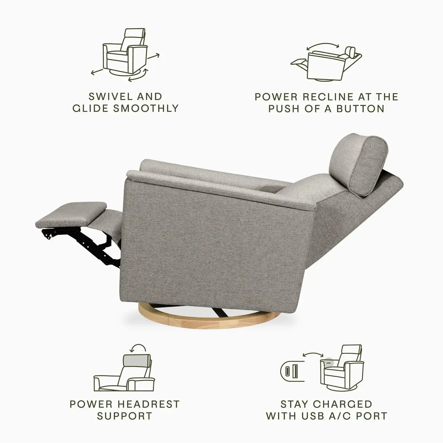 Monogram by Namesake Willa Power Recliner with Adjustable Headrest - Performance Grey Eco Weave & Wood Base (Exclusive) - Perfect for Living Room, Home Theater & Office Relaxation