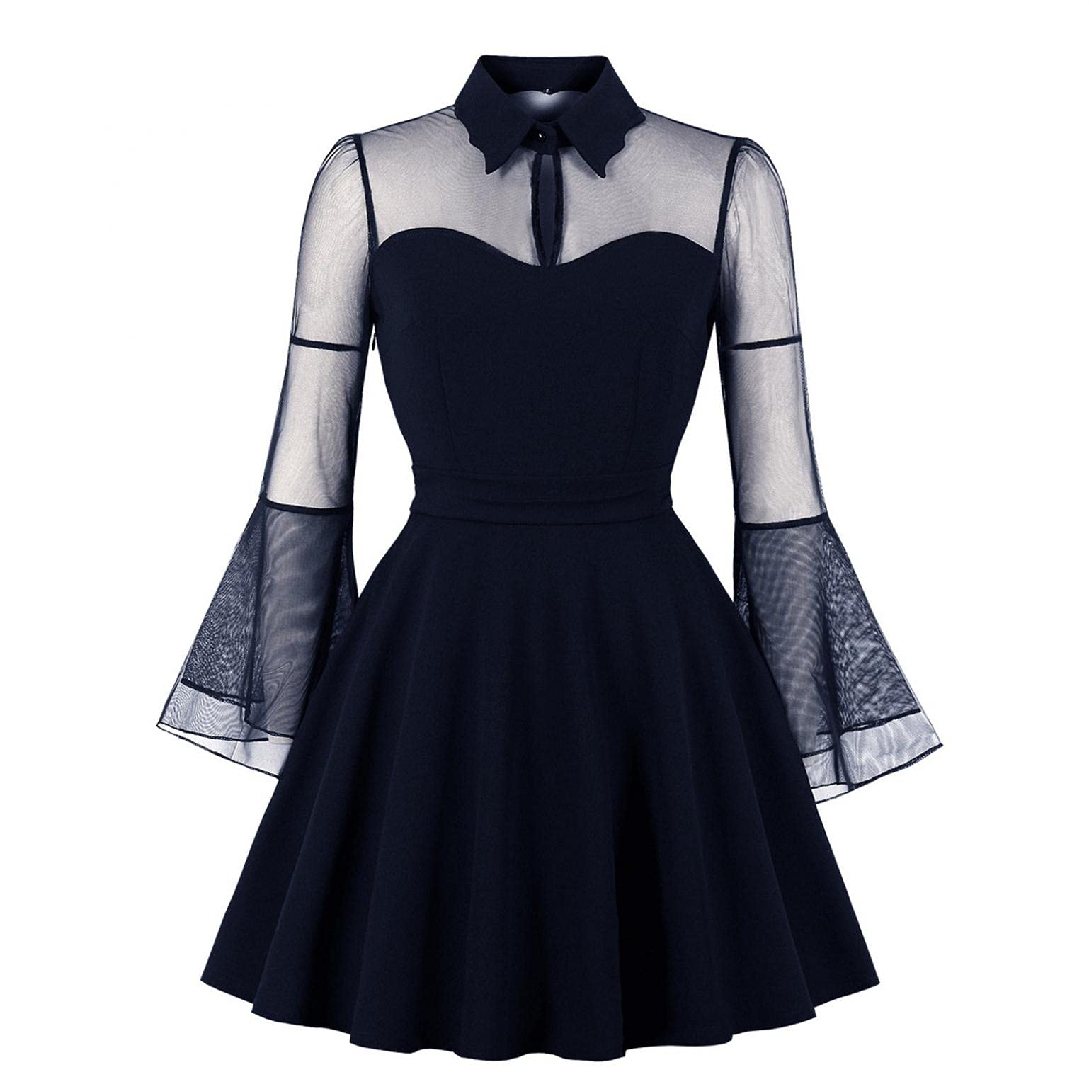 Black Women's Casual Long Sleeve Skater Dress - Vintage Punk Rockabilly Style Solid Color Swing Dress for Party & Gothic Events | Perfect for Concerts, Date Nights and Retro Fashion Outfits