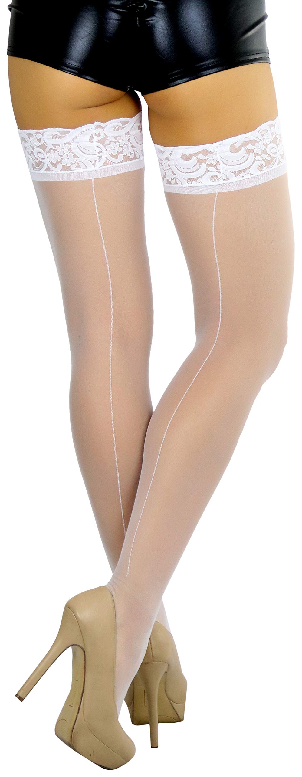 ToBeInStyle Women's Classic Backseam Thigh High Stockings with Floral Lace Top - Sexy Stockings for Date Night, Cosplay & Special Occasions
