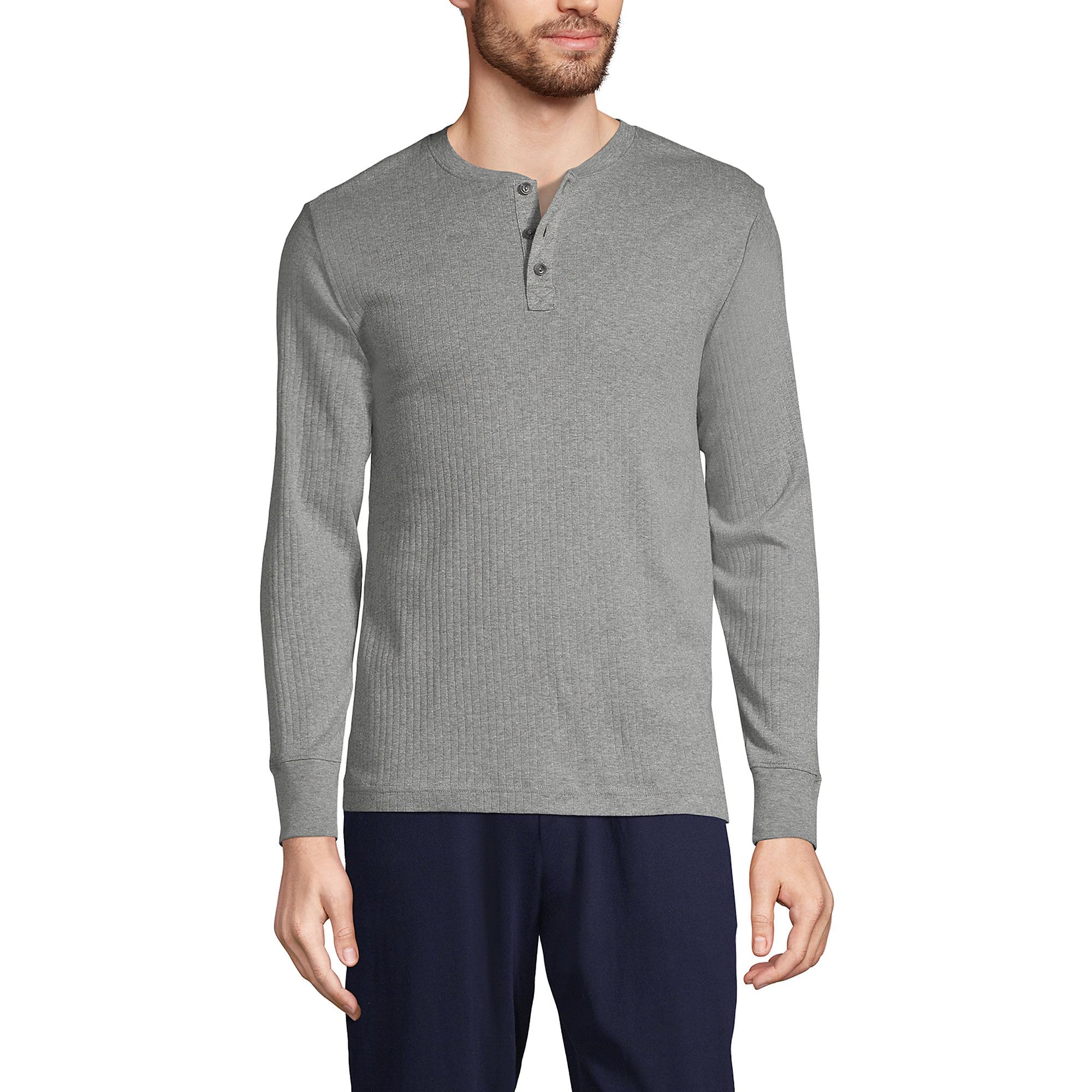 Lands' End Men's Knit Rib Henley Shirt - Soft Cotton Long Sleeve Casual Top for Everyday Wear, Work & Outdoor Activities
