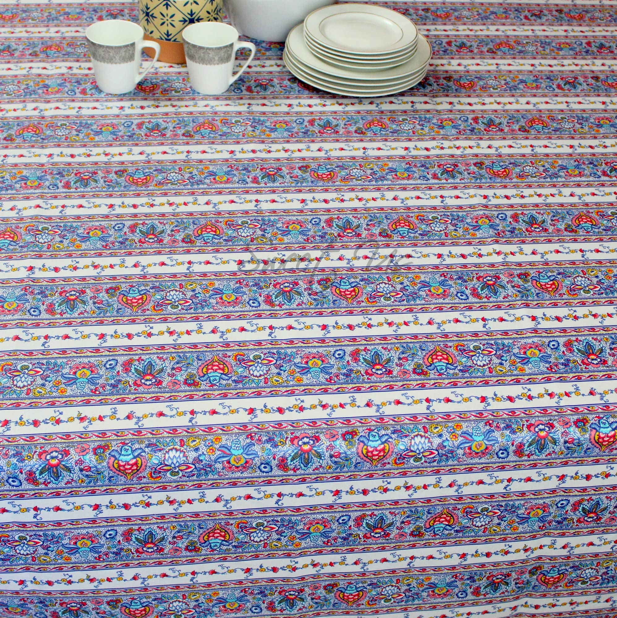Spill-Resistant Wipeable Acrylic Coated Floral Cotton Tablecloth - French Provencal Style 60x116 Inches Rectangle Table Cover in White Indienne Florale Design - Perfect for Dining Room, Kitchen, Outdoor Picnics & Special Occasions