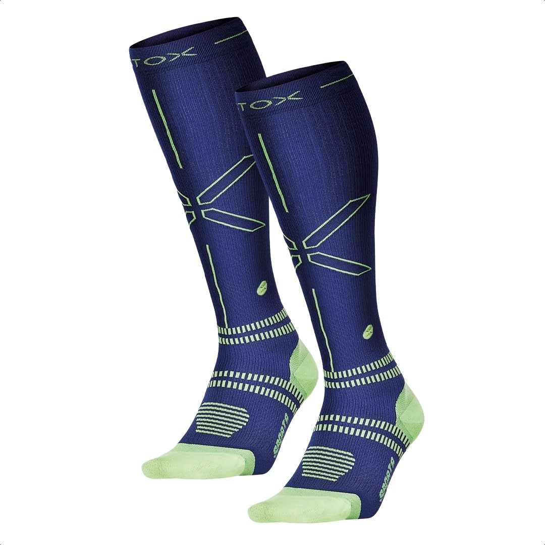 STOX Energy Socks for Men - Premium Compression Sports Socks - Reduce Muscle Fatigue & Pain - Faster Recovery - Comfortable Workout & Running Socks - Dark Blue/Yellow (2-Pack) - Ideal for Gym, Marathon & Active Lifestyle
