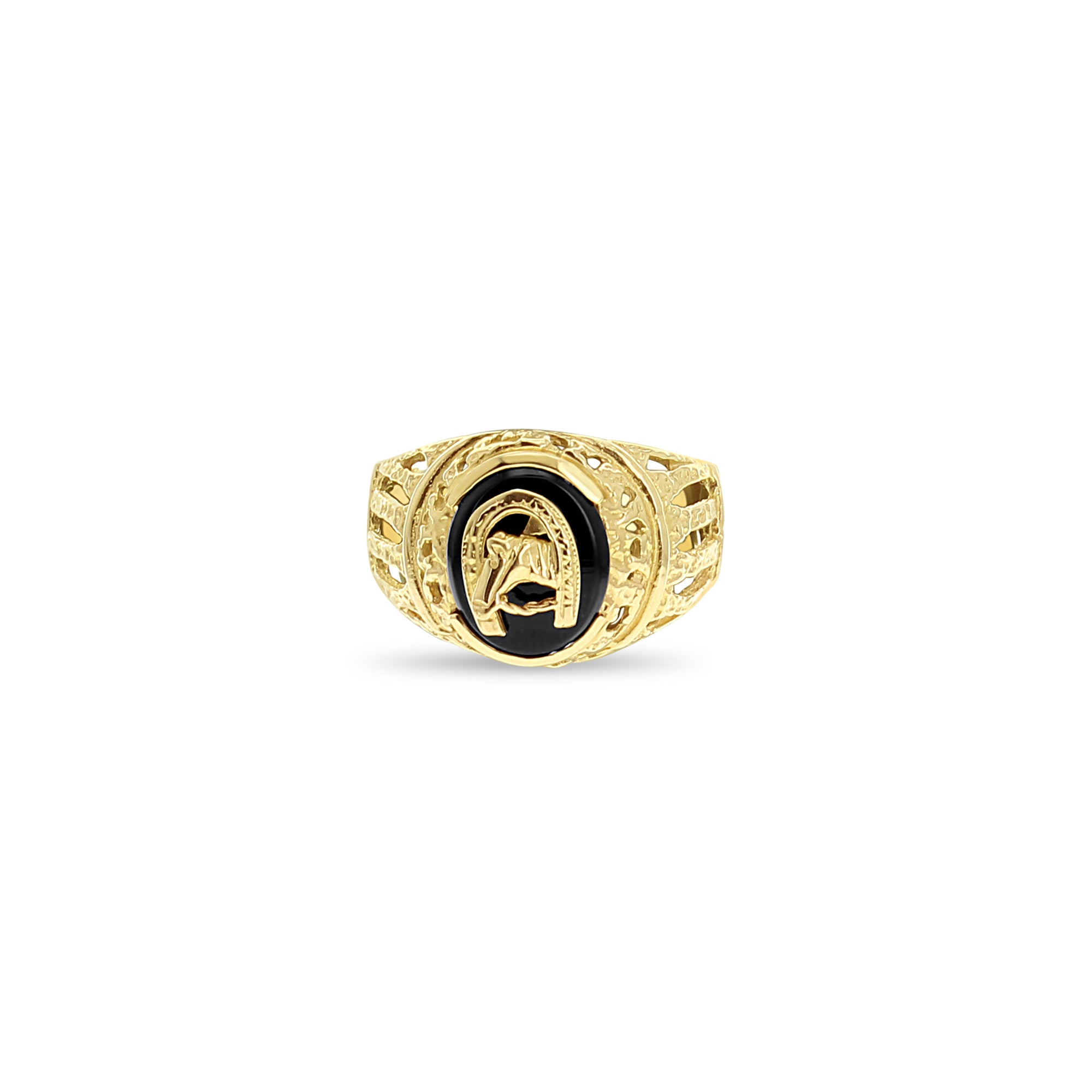 14K Yellow Gold Horseshoe with Horse Head Onyx Ring - Elegant Equestrian Jewelry for Women, Perfect Gift for Horse Lovers, Birthday & Anniversary Present