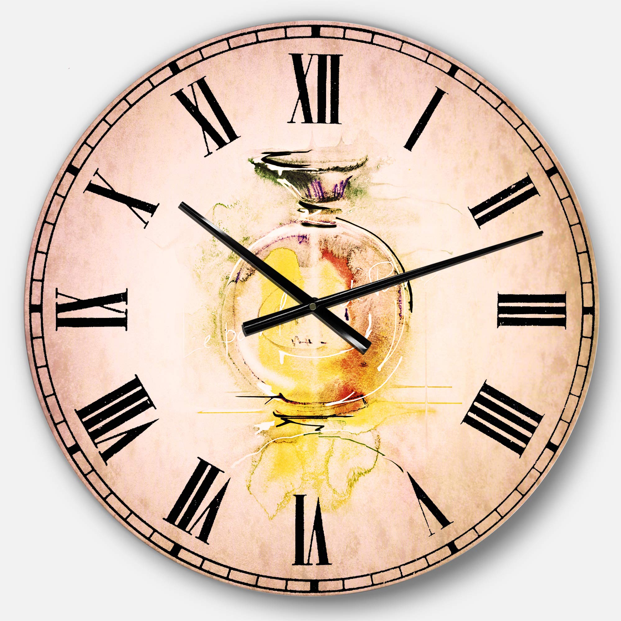 Designart Perfume Bottle Watercolor Wall Art - Traditional Round Metal Wall Clock for Home Decor | Perfect for Living Room, Bedroom & Office Decoration | Vintage Style Wall Clock for Home Interior Design