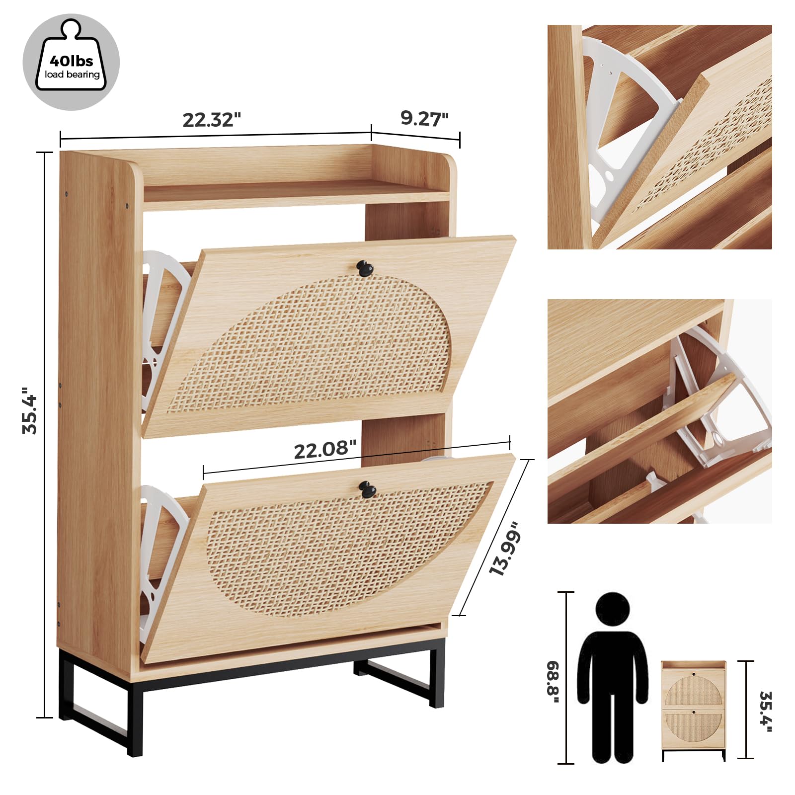 Premium KFO Shoe Cabinet with 2 Handmade Natural Rattan Flip Drawers - Entryway Shoe Storage Organizer for Sneakers, Leather Shoes & Slippers | Free Standing Shoe Rack for Hallway, Bedroom & Closet Organization
