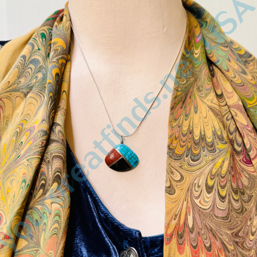Vintage Native American Turquoise Mosaic Sterling Silver Necklace - Handcrafted Southwest Jewelry for Women, Perfect for Boho Fashion & Special Occasions