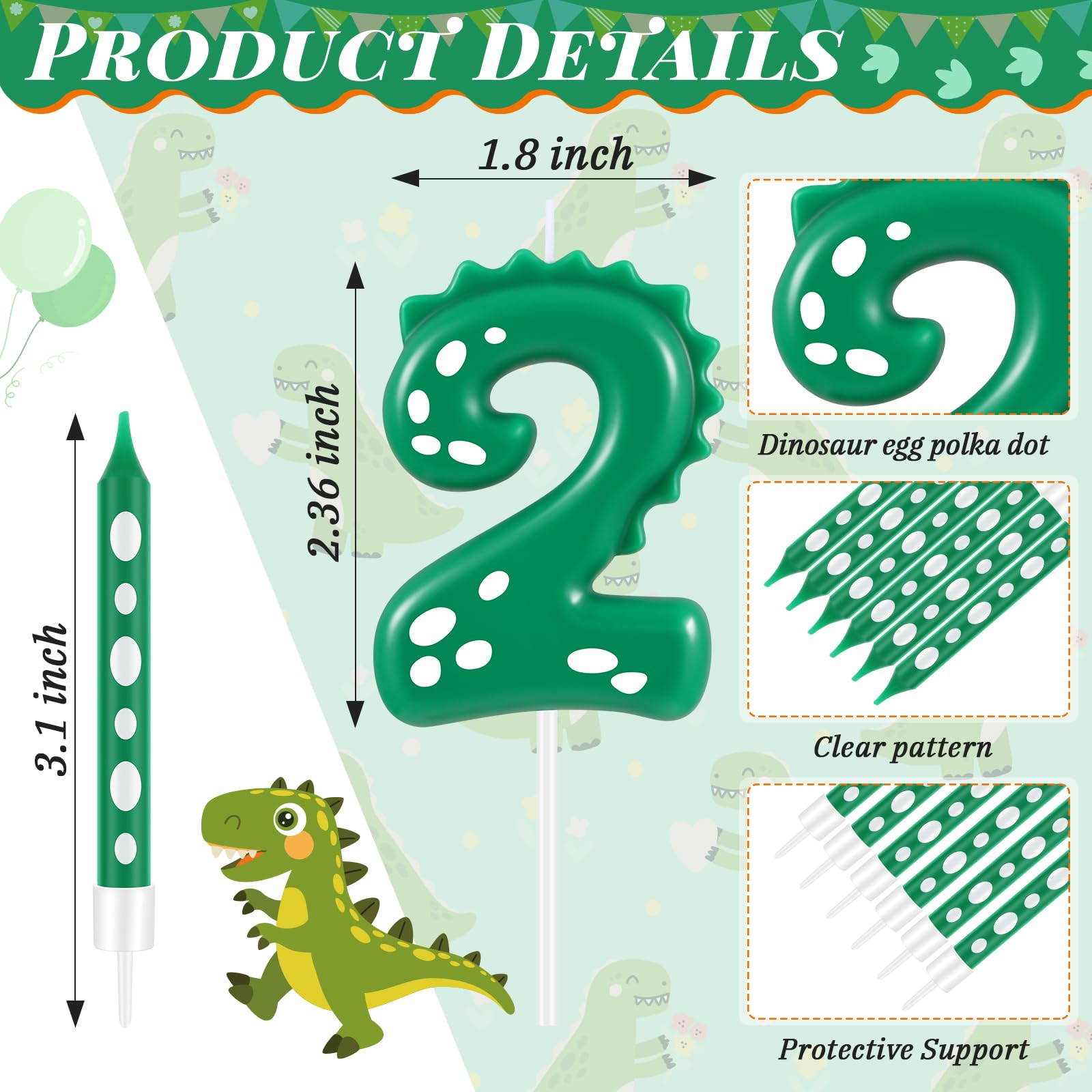 Dinosaur Birthday Candles Set - 12 Green & White Number 2 Candles (2.36x1.8 Inch) & 3.1 Inch Tall Dino Candles for Dinosaur Theme Party Decorations | Perfect for Kids Birthday Cakes, Cupcakes, and Jurassic Themed Celebrations