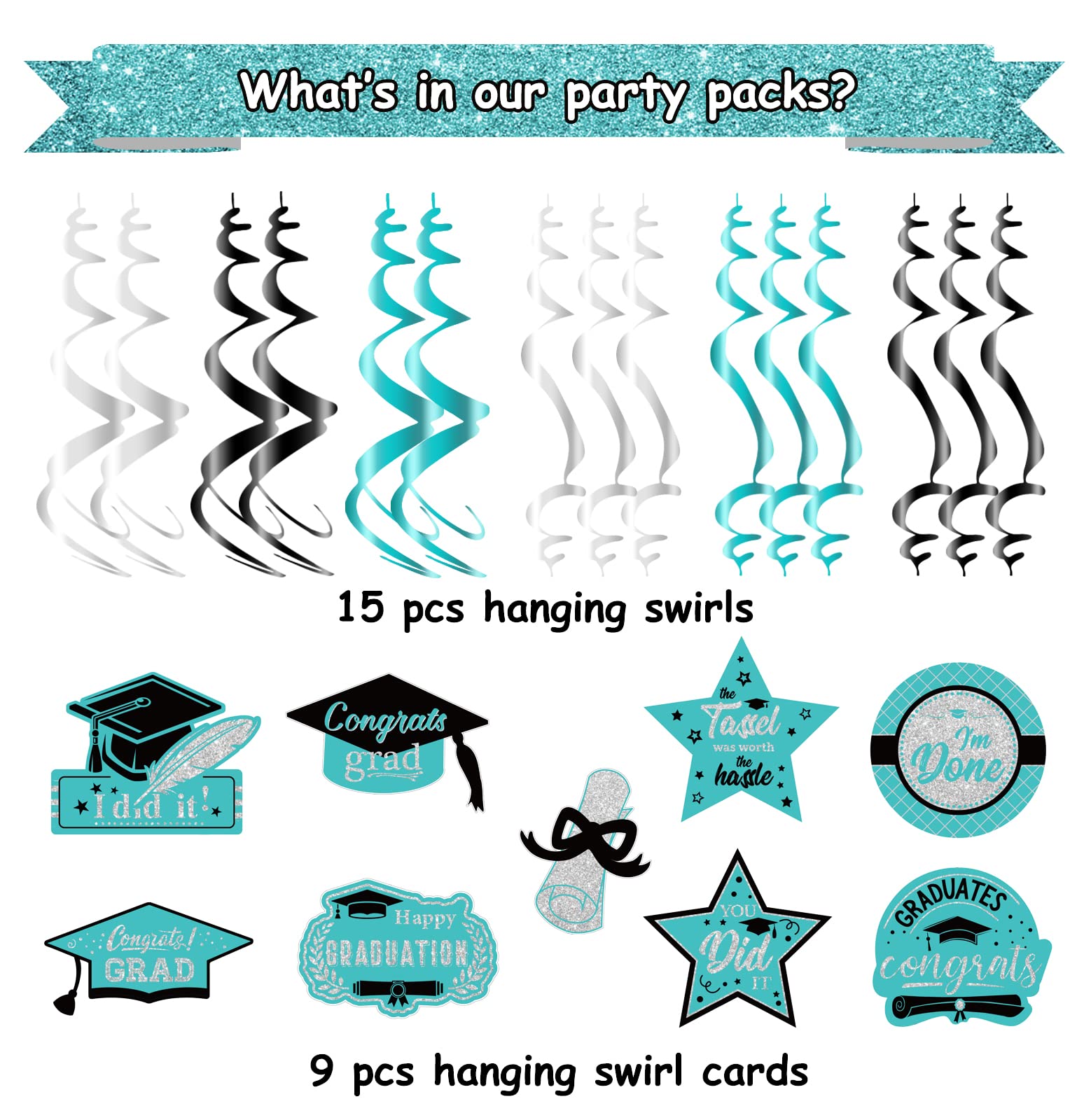 2025 Teal & Silver Graduation Party Decorations Set - 15pcs Hanging Swirls for Class of 2025 | Turquoise, Black & Silver Graduation Decor | Perfect for Graduation Ceremonies, Parties & Photo Backdrops