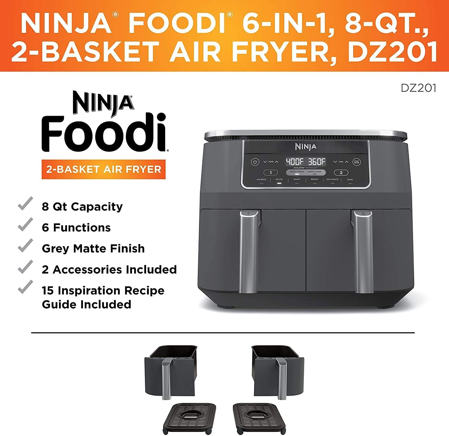 Ninja DZ100 Foodi 4-in-1 8-Quart 2-Basket Air Fryer with DualZone Technology - Certified Renewed (Black) | Perfect for Family Meals, Healthy Cooking & Quick Weeknight Dinners