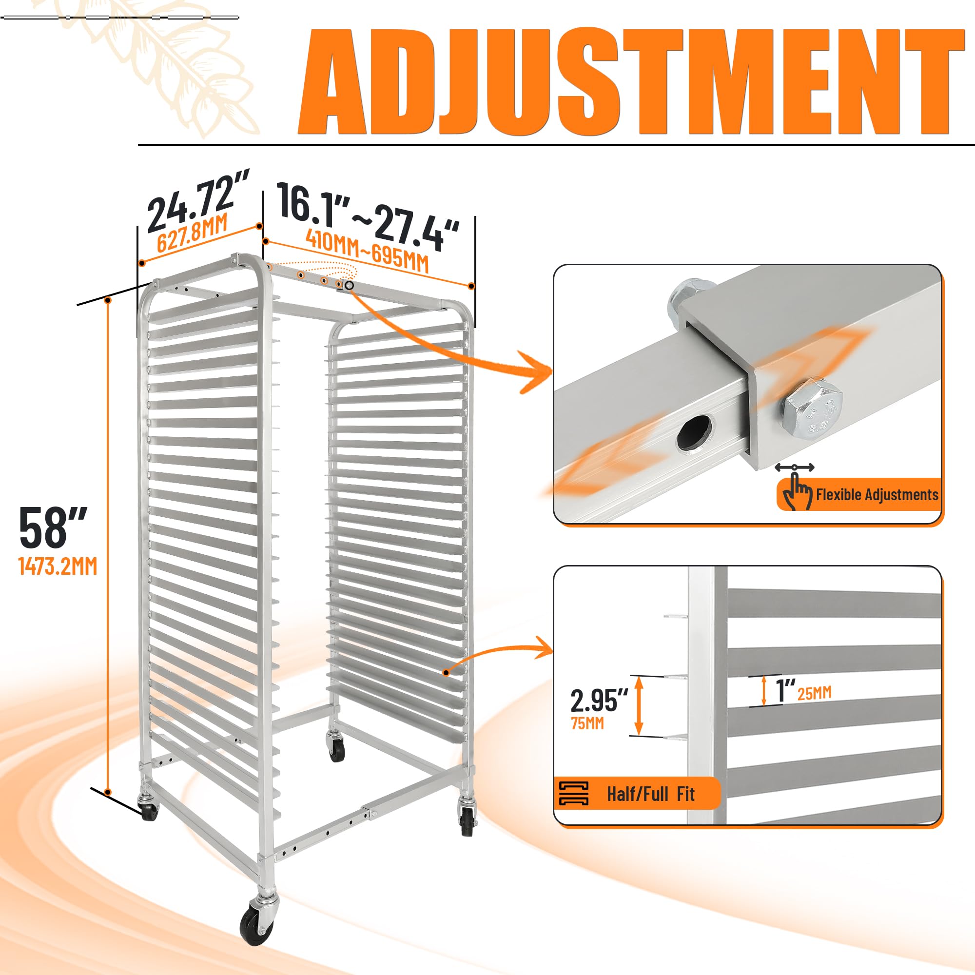HECASA 25-Tier Adjustable Bun Pan Rack with Brake Wheels - Heavy Duty Aluminum Baking Sheet Organizer for Commercial Kitchen, Bakery, Restaurant, Pizzeria & Home Use - 24.72