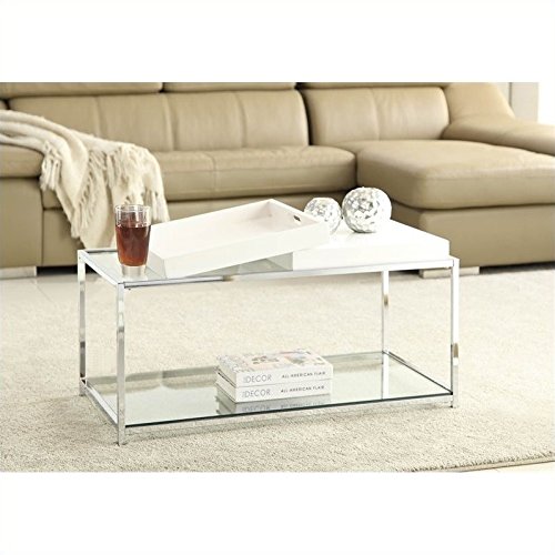 Pemberly Row White Glass Coffee Table - Modern Living Room Centerpiece for Home & Office Decor
