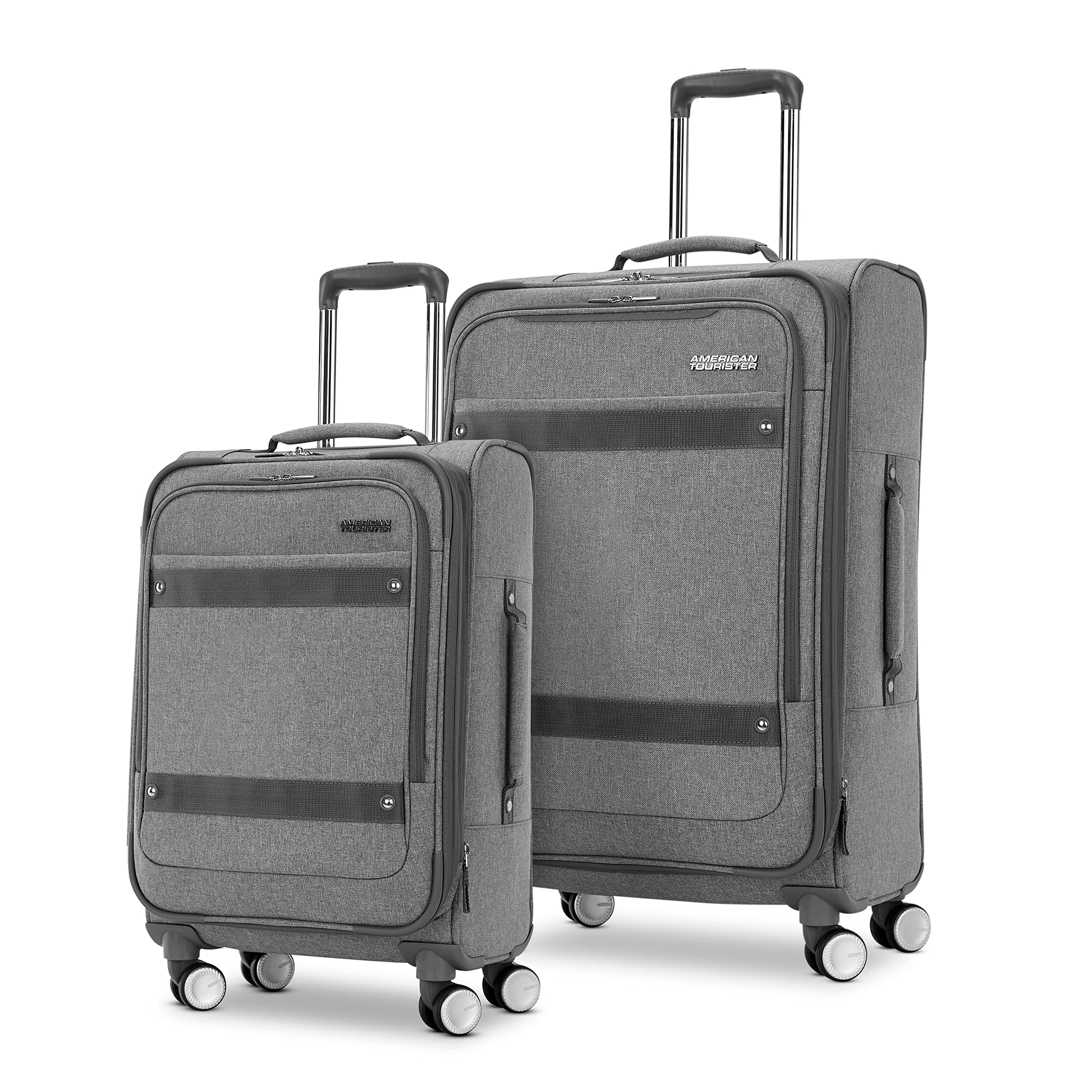 American Tourister Whim Softside Expandable Spinner Luggage Set - 2-Piece (Carry-On & Medium) Lightweight Suitcase with 360° Wheels, Grey - Perfect for Business Travel & Family Vacations