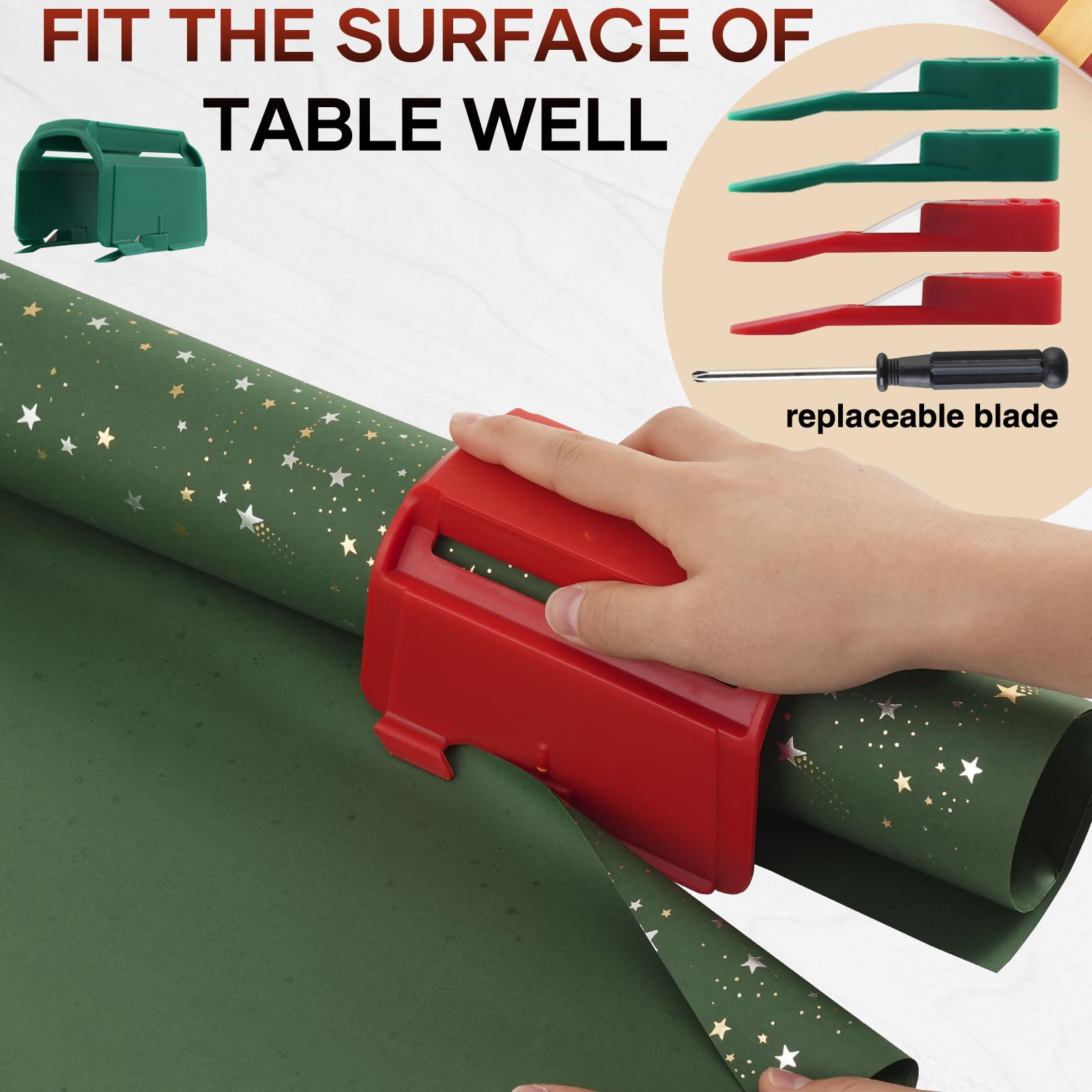 2Pcs Heavy Duty Wrapping Paper Roll Cutter Tool with 4 Replaceable Blades - Green & Red Paper Cutter for Crafting, Classroom, Home, Birthday & Christmas Gifts - Perfect for DIY Projects, Gift Wrapping & Holiday Decorations