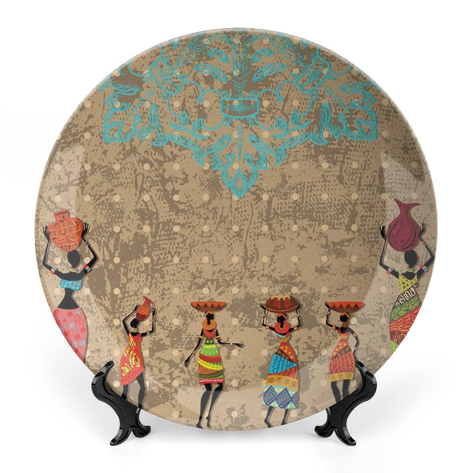 6 Inch African Decorative Ceramic Plates - Vintage Boho Design with Girls Carrying Pots, Perfect for Dining, Parties & Weddings | Seafoam Cocoa Color | Ideal for Home Decor, Table Setting & Gift Giving