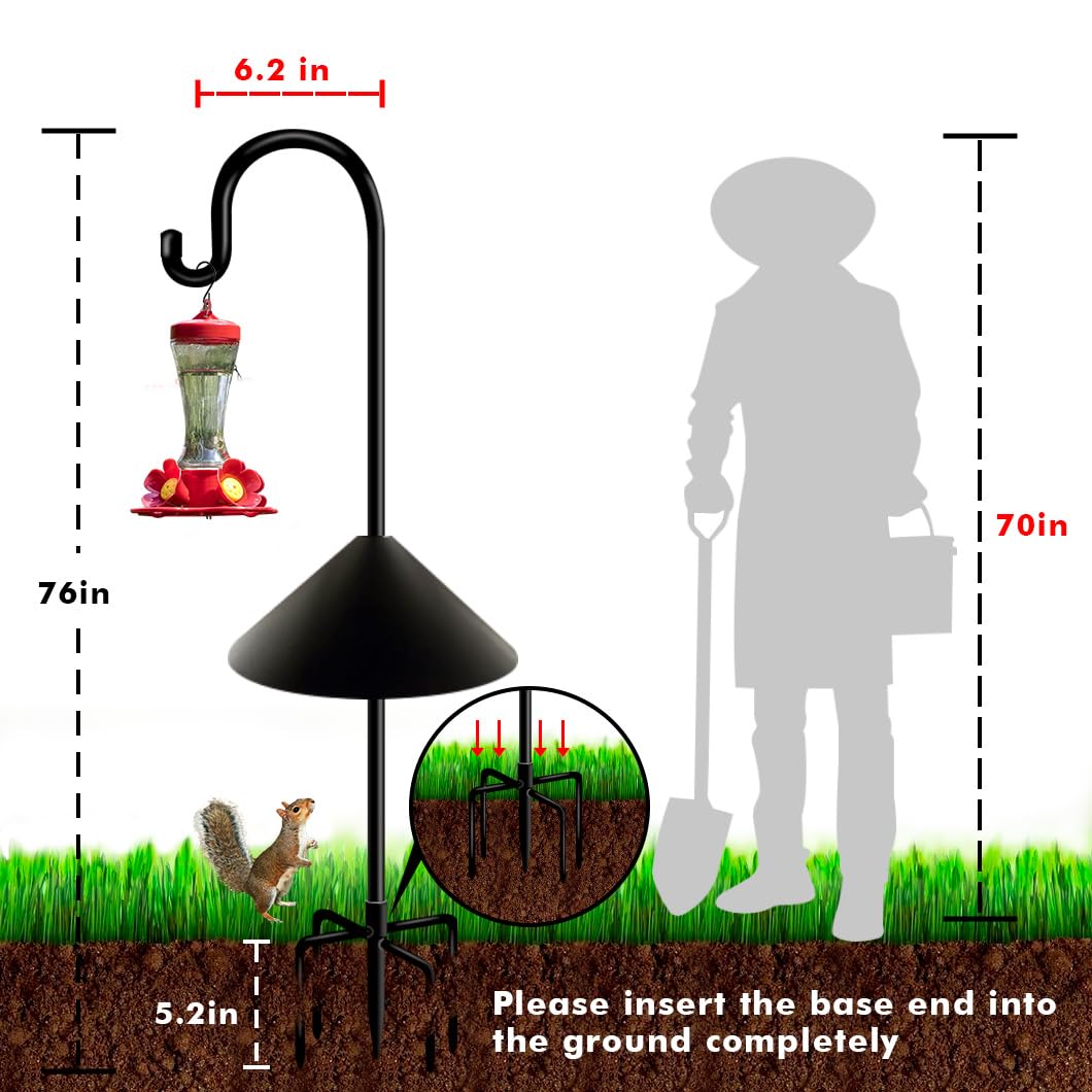 76 Inch Heavy Duty Adjustable Outdoor Shepherd Hook for Hanging Plants, Bird Feeders, Solar Lanterns & Wind Chimes - Black Garden Stand for Patio, Yard & Landscape Decor (1 Pack)