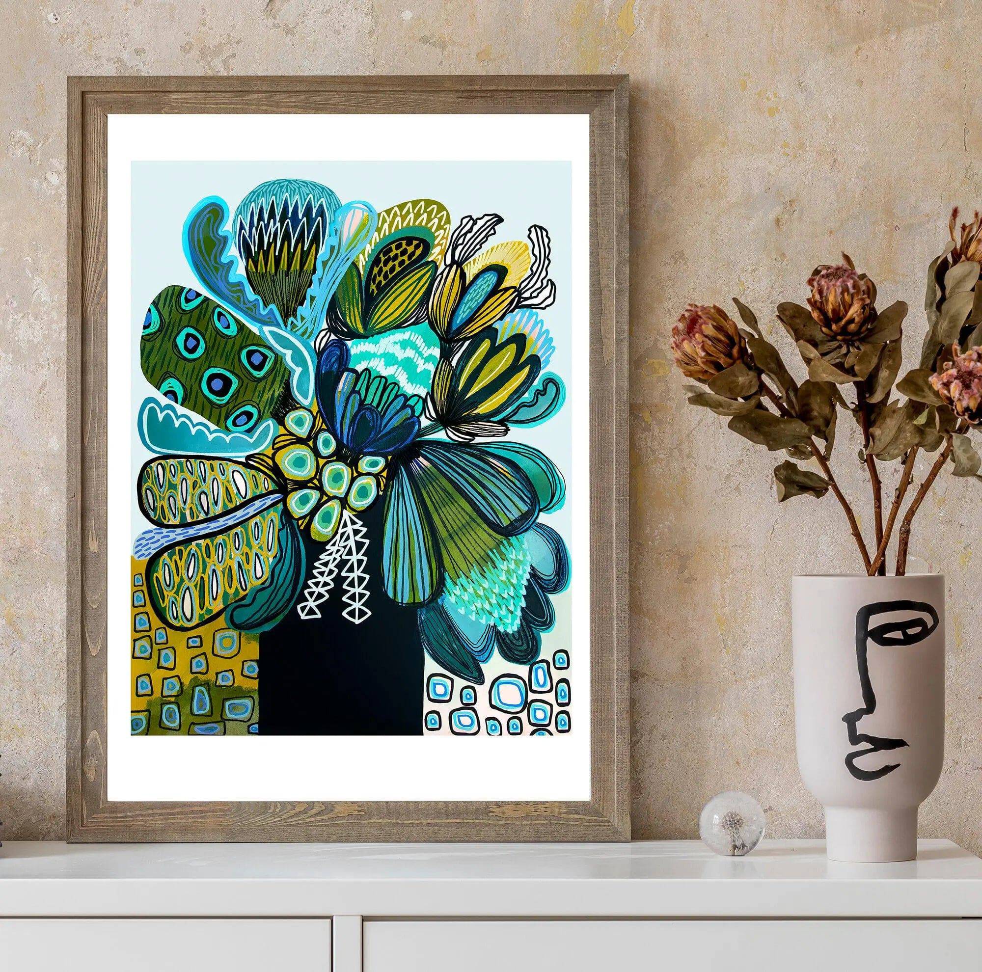 Australia Blue Proteas Art Print - High-Quality Floral Wall Decor for Home & Office | Perfect for Living Room, Bedroom, and Gift Giving