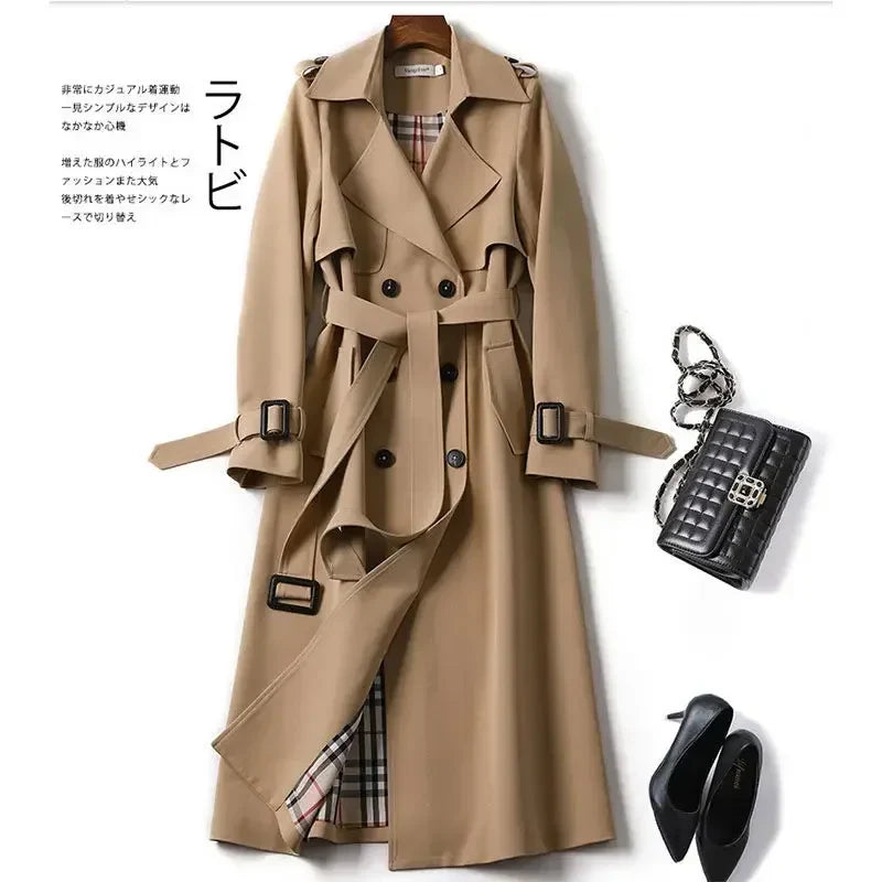 Elegant Women's Autumn Trench Coat - Long Sleeve V-Neck Lace-Up Waist Windbreaker Jacket for Plus Size | Casual Outerwear for Fall Season, Office Wear & Daily Outfits