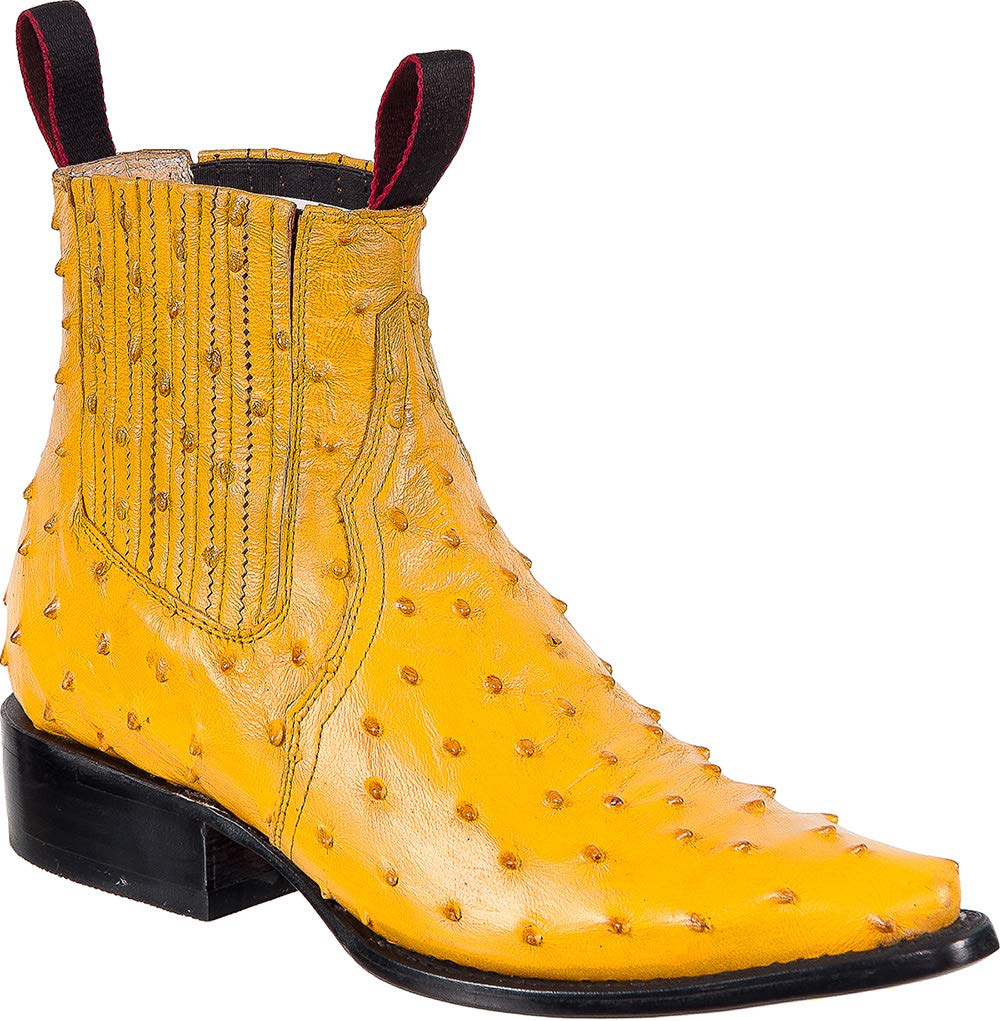 Men's Genuine Leather Cowboy Boots - Ostrich Print Short Ankle Western Boots with J-Toe | Durable & Comfortable for Rodeo, Country Music Festivals & Western Fashion