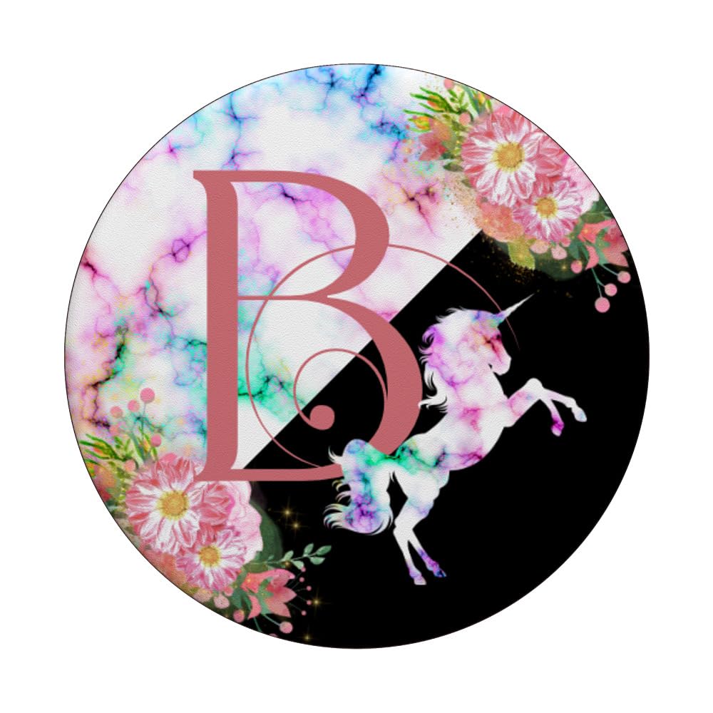 Rose Pink Letter B Initial Unicorn Monogram PopSocket - Adhesive Phone Grip & Stand for iPhone, Samsung, Smartphones - Perfect for School, Work, Travel & Daily Use