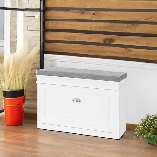 White Narrow Shoe Storage Bench with Cushion - 2-Tier Flip-Drawer Entryway Shoe Cabinet for Hallway, Closet & Mudroom Organization (FSR82-L-W) - Perfect for Small Spaces & Home Entry Organization
