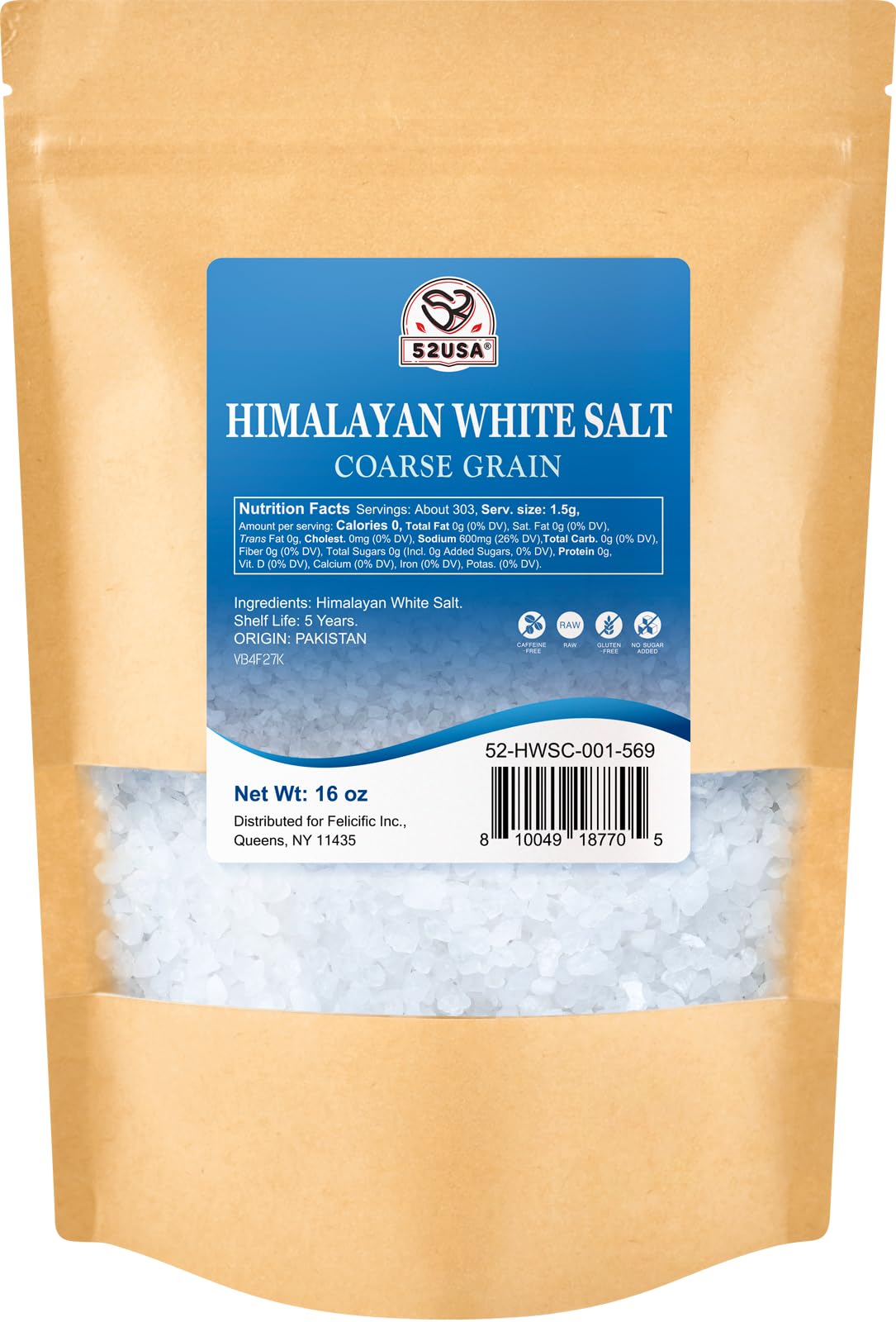 52USA Himalayan Pink Salt Coarse Grain - 16 oz (1 Pound) Bulk Bag for Salt Grinder Refill | All Natural, Non-GMO, Kosher Certified Sea Salt | Perfect for Cooking, Seasoning & Gourmet Dishes
