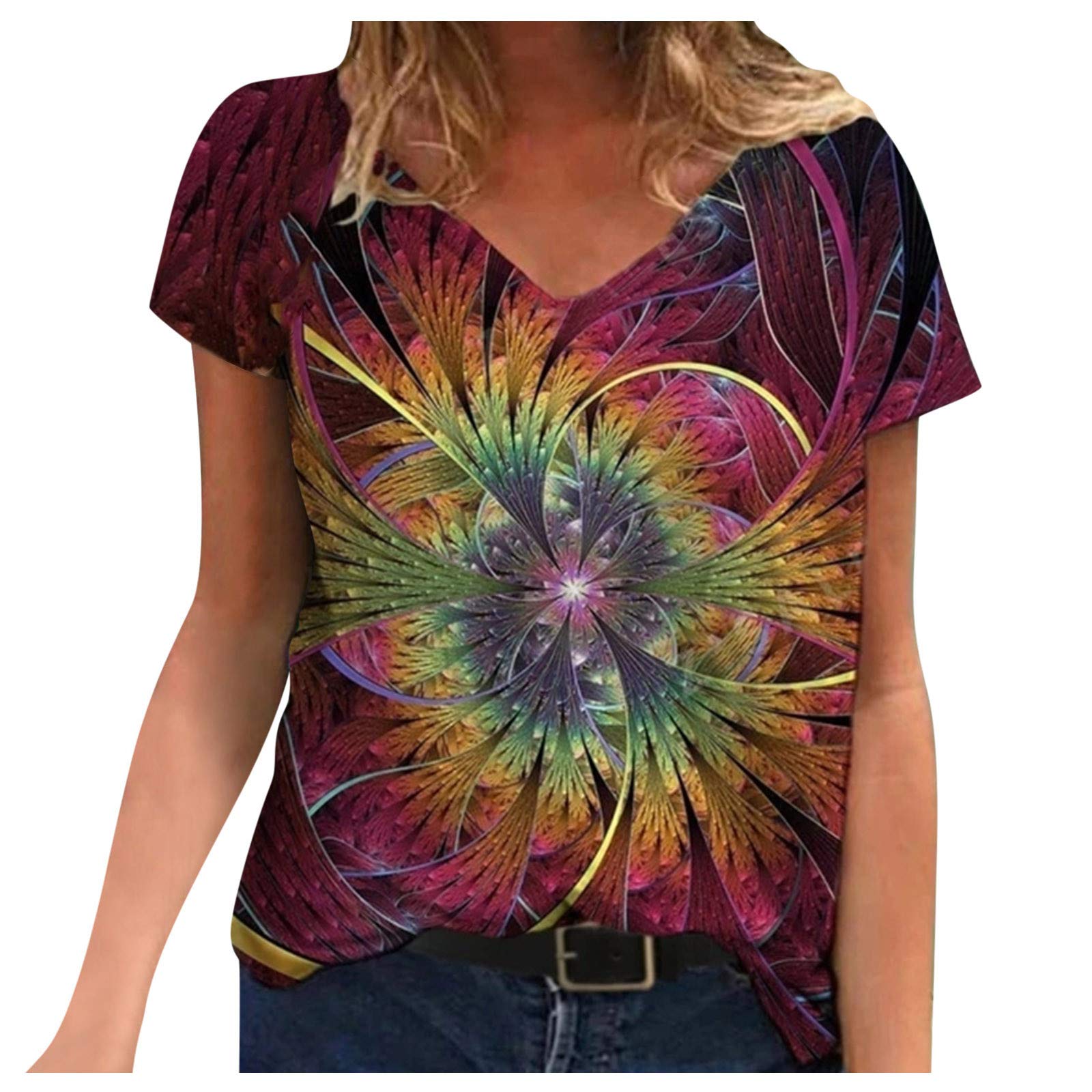Teprec Women's Summer V-Neck Short Sleeve T-Shirts - Bohemian Floral Casual Loose Graphic Tee Blouse for Beach, Vacation & Everyday Wear