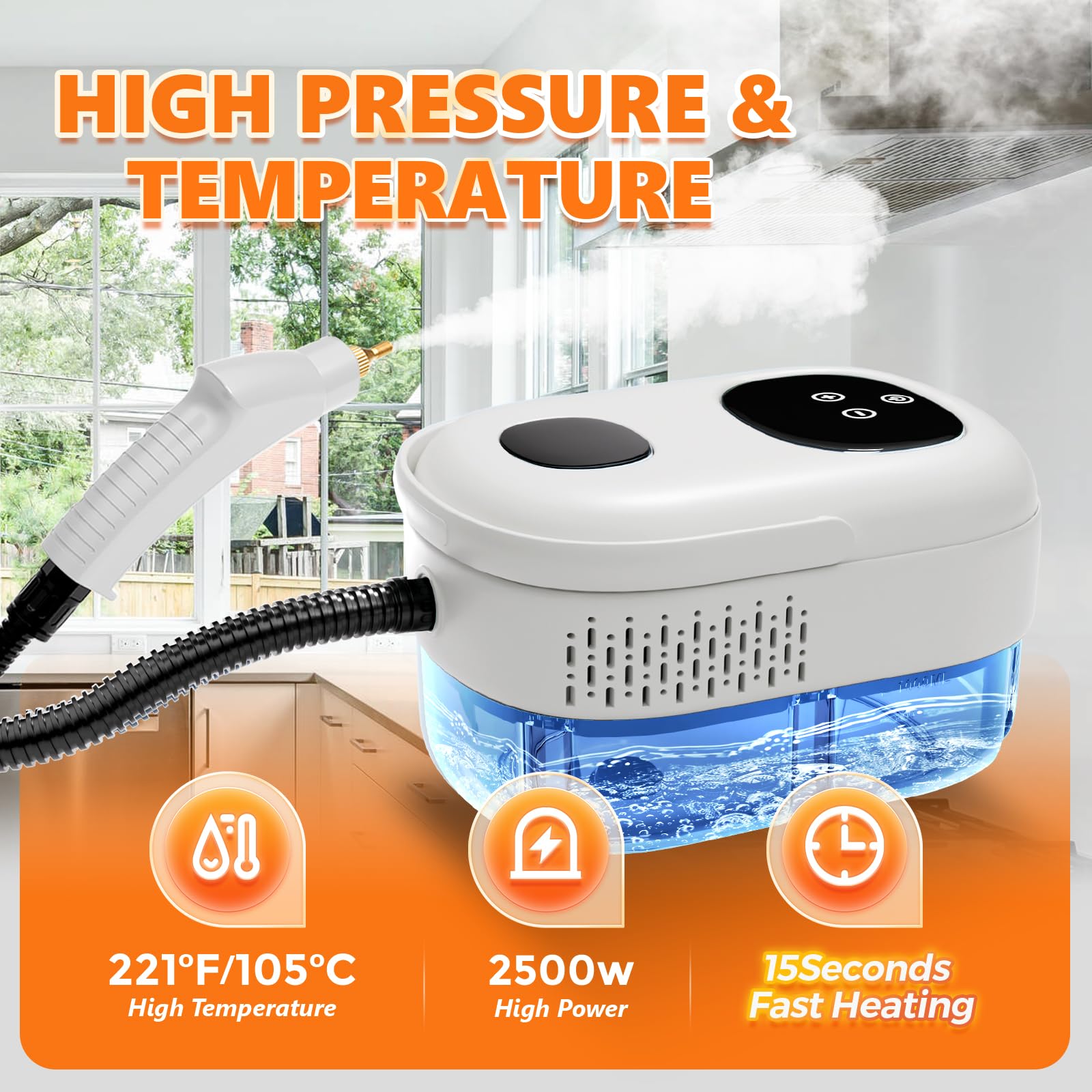 **2500W Powerful Handheld Steam Cleaner - Multi-Purpose Pressurized Steamer for Home, Car, Kitchen & Bathroom Tile Cleaning - Fast 15-Second Heating Portable Steam Mop - Perfect for Floors, Upholstery & Grout (White)**
