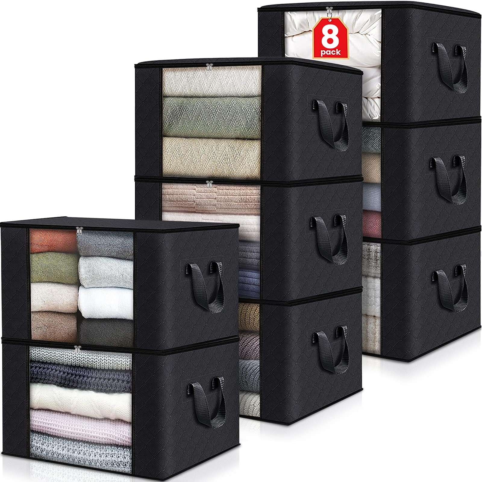 8-Pack Foldable Thick Fabric Storage Bags - Large Clothes & Blanket Organizer for Bedroom, Closet, Comforter | Durable Storage Containers with Handles (Black) | Perfect for Seasonal Clothing Rotation & Space Saving Storage