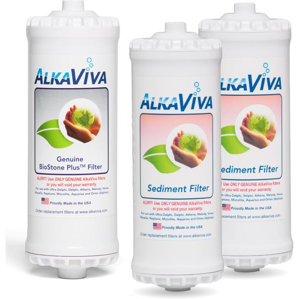 AlkaViva Athena BioStone Plus & Sediment Water Filter Replacement Pack - 3-Stage Alkaline Filtration System for Clean, Healthy Drinking Water - Perfect for Home, Office & Travel Use