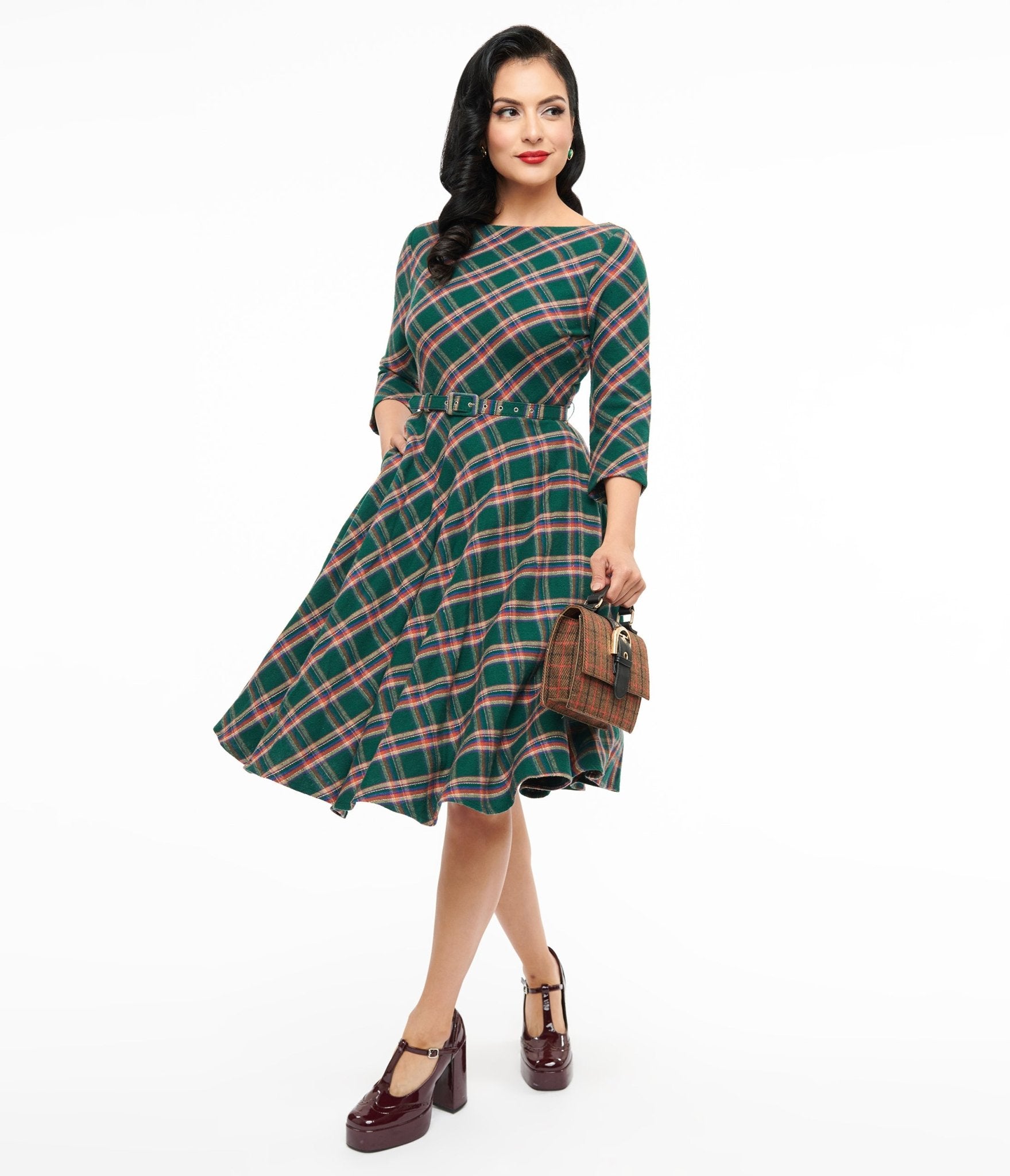 Vintage 1950s Green & Tan Plaid Devon Swing Dress - Retro 50s Style Swing Dress for Women | Perfect for Cocktail Parties, Vintage Themed Events & Everyday Retro Fashion