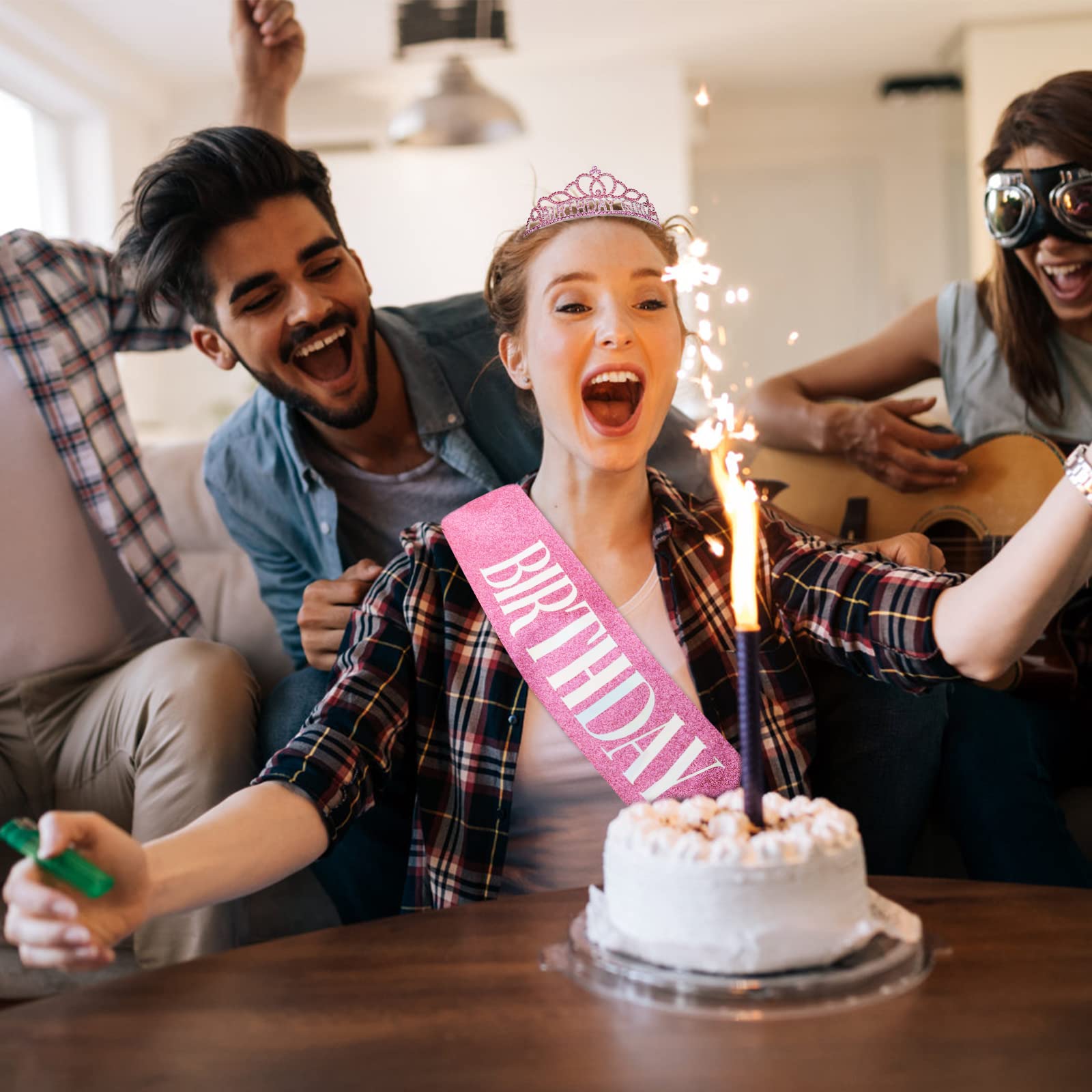 CIEHER Pink Birthday Crown and Sash Set for Women - Elegant Birthday Party Decorations, Princess Tiara & 