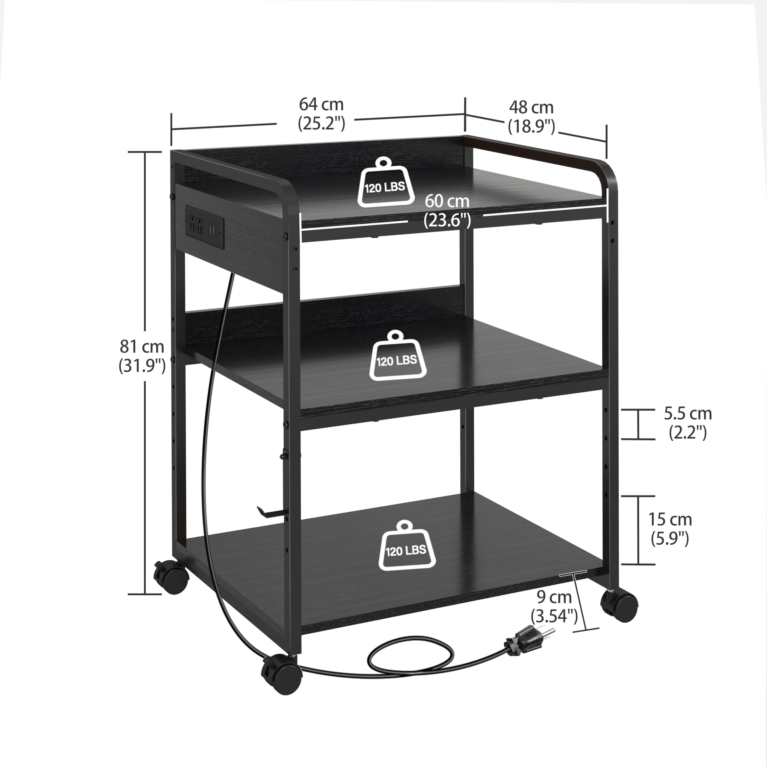 25.2 x 18.9 Inch Large Printer Stand with Wheels & Charging Station - 3 Tier Printer Table with Power Outlet & USB Port - Home Office Organization for Printer, Shredder & Supplies (Black)