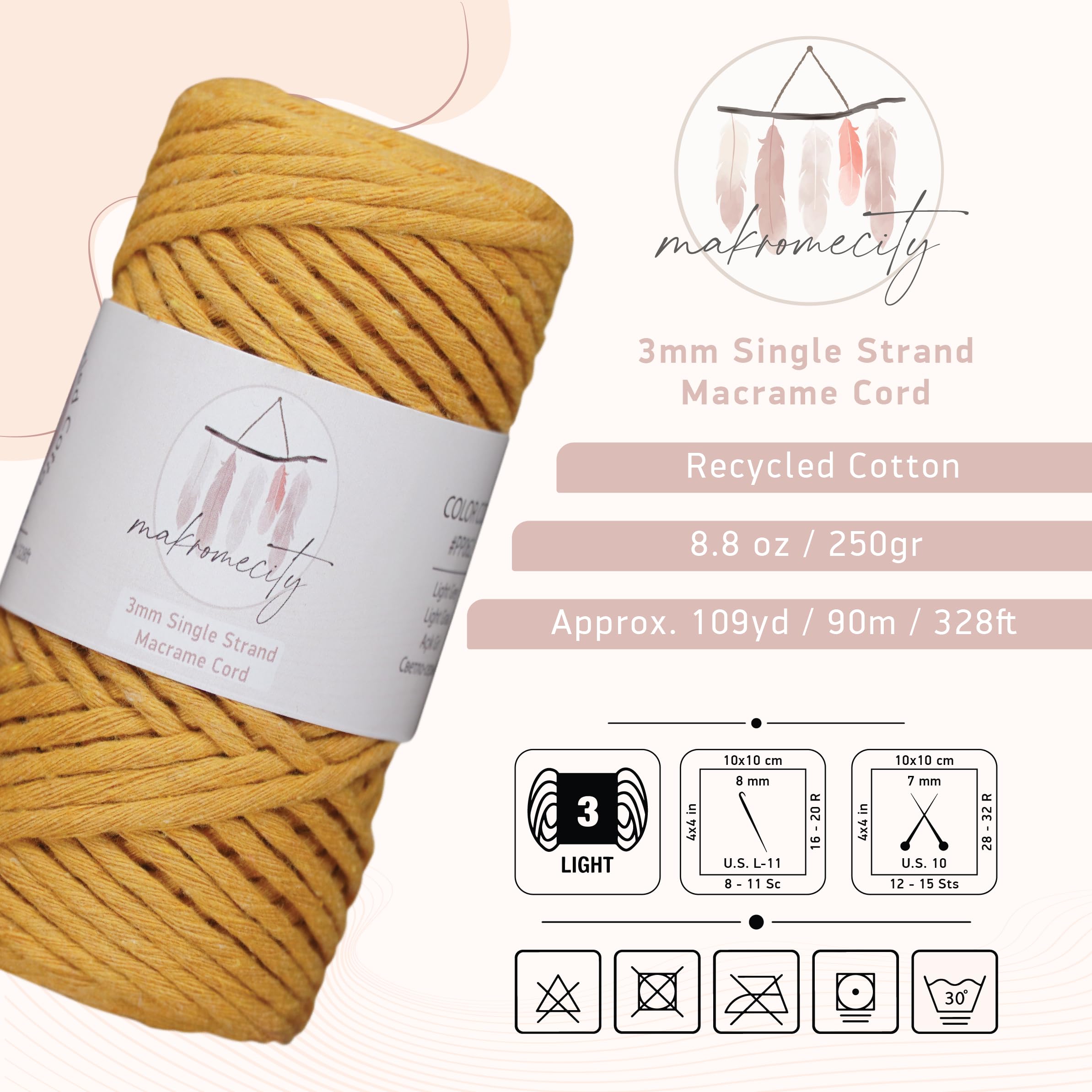 Makromecity 3mm Single Strand Macrame Cord - 100 Yards (300 Feet) Mustard Cotton Yarn for Wall Hangings, Plant Hangers, DIY Crafts | Recycled Eco-Friendly Twisted Rope for Bohemian Home Decor & Macrame Art Projects