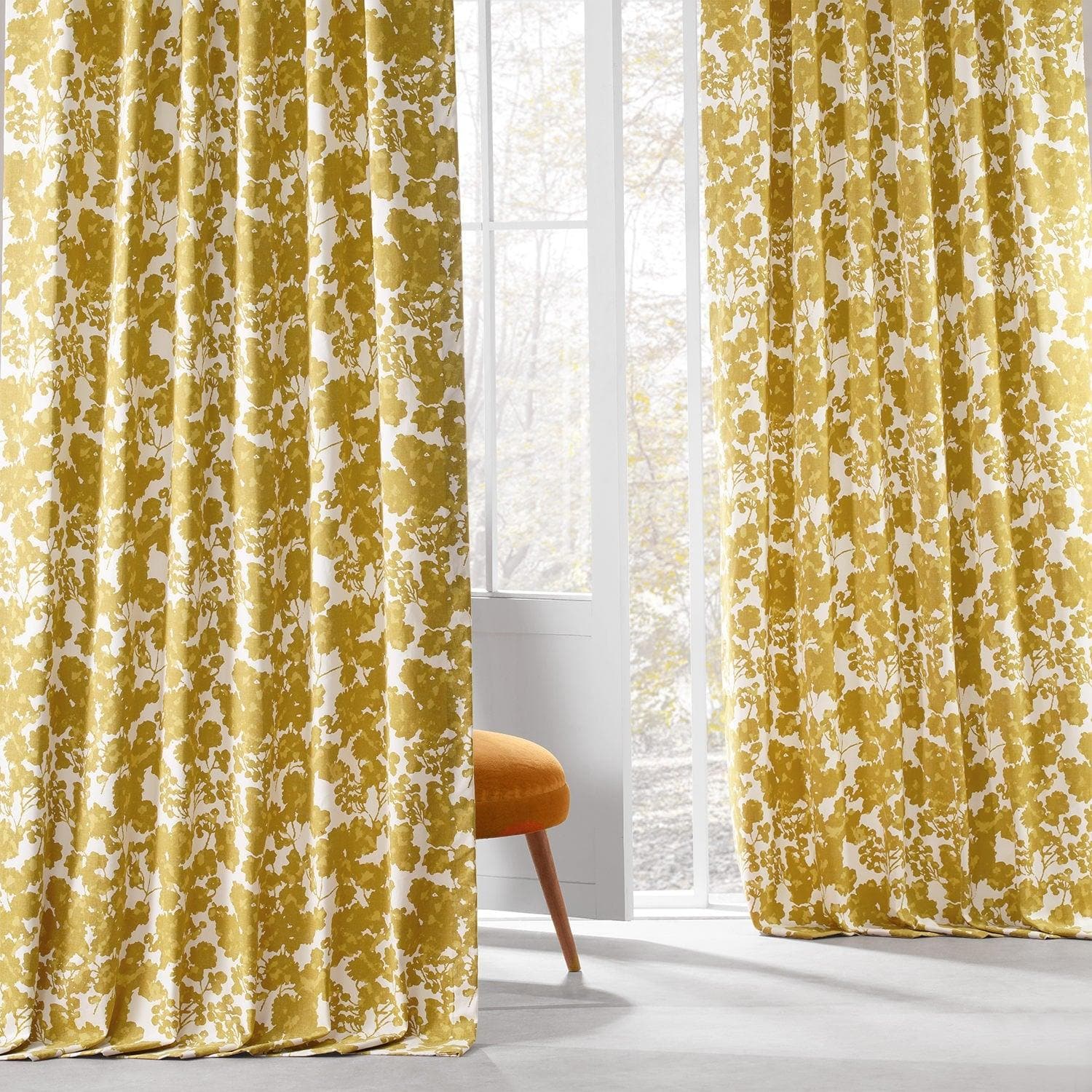 Fleur Gold Floral Printed Cotton Blackout Curtains for Bedroom & Living Room - Elegant Window Treatment for Light Blocking & Home Decor
