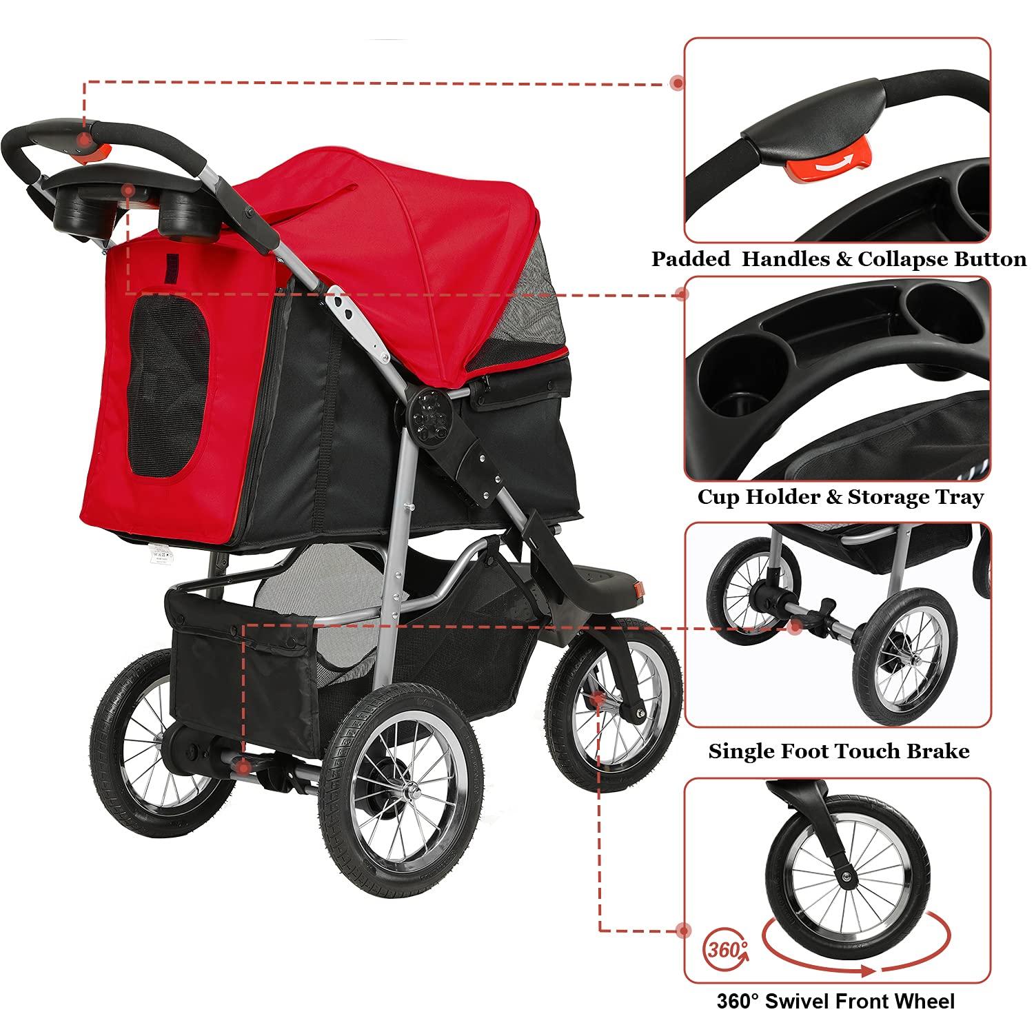 VIAGDO Heavy Duty 3-Wheel Pet Stroller for Small & Medium Dogs & Cats - Foldable Design with Suspension System, Link Brake & One-Hand Fold - Supports Up to 55 lbs (Black/Red) - Perfect for Vet Visits, Shopping & Outdoor Adventures