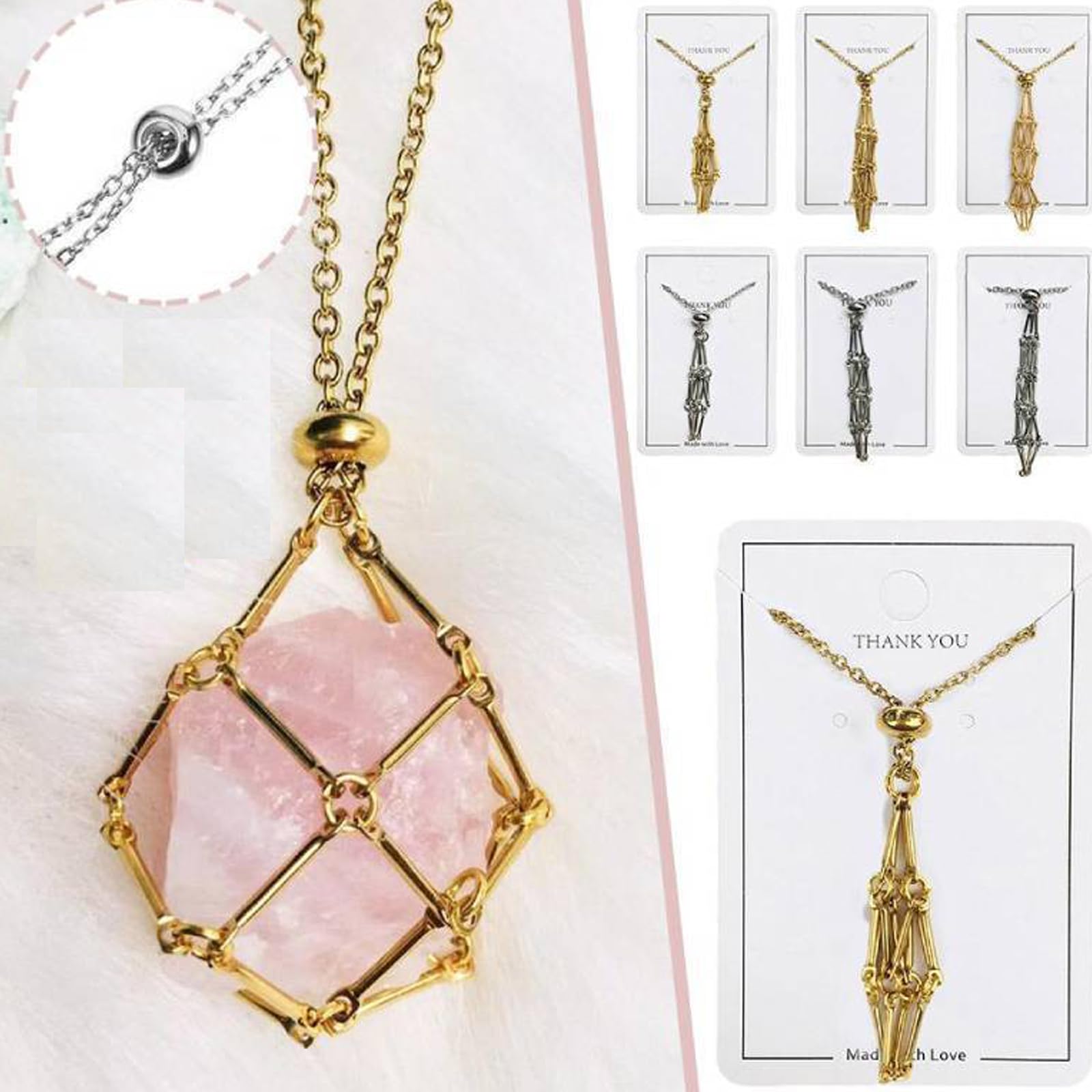 Handmade Adjustable Crystal Stone Holder Necklace for Women - Interchangeable Cage Pendant with Natural Gemstones | Perfect for Everyday Wear, Gifts & Spiritual Healing